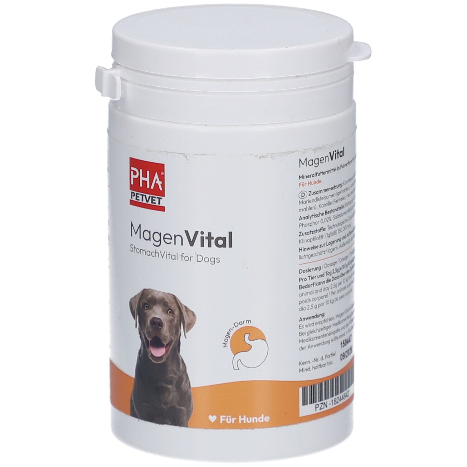 Weiße Dose mit Deckel. Aufschrift: PHA PetVet MagenVital für Hunde. Abbildung eines Hundes. Orangefarbener Hintergrund.