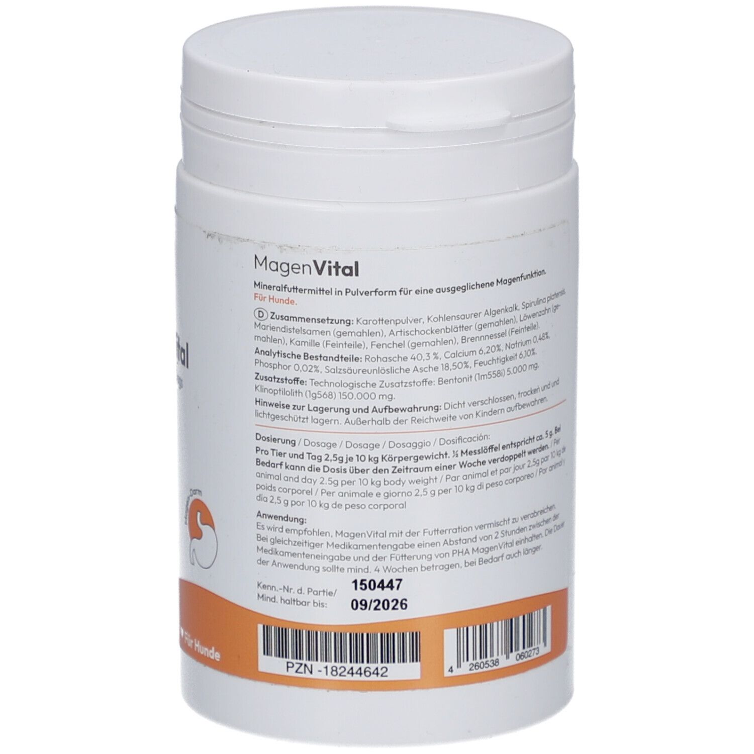 Weiße Dose. Rückseite mit Text in mehreren Sprachen. Auflistung der Inhaltsstoffe und analytischen Bestandteile. Orangefarbener Hintergrund.