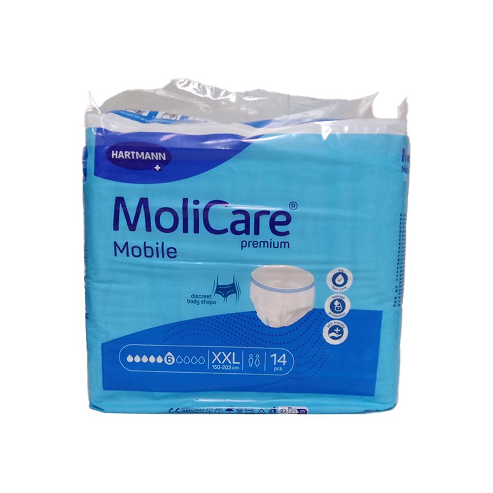 MoliCare Mobile Premium-Packung. Blaue Verpackung mit Produktabbildung. 6 Tropfen, XXL, 14 Stück.