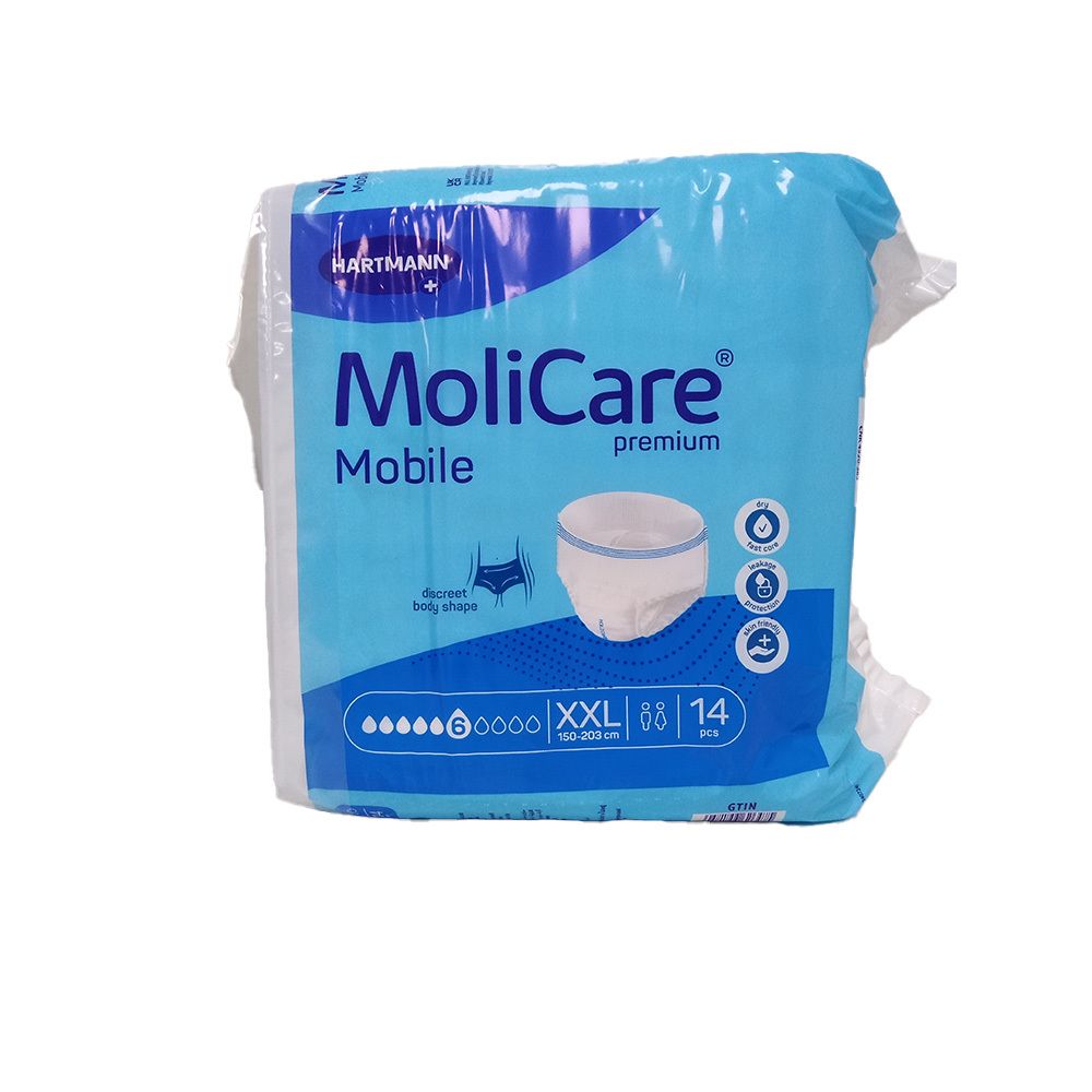 MoliCare Mobile Premium-Packung. Blaue Verpackung mit Produktabbildung. 6 Tropfen, XXL, 14 Stück.