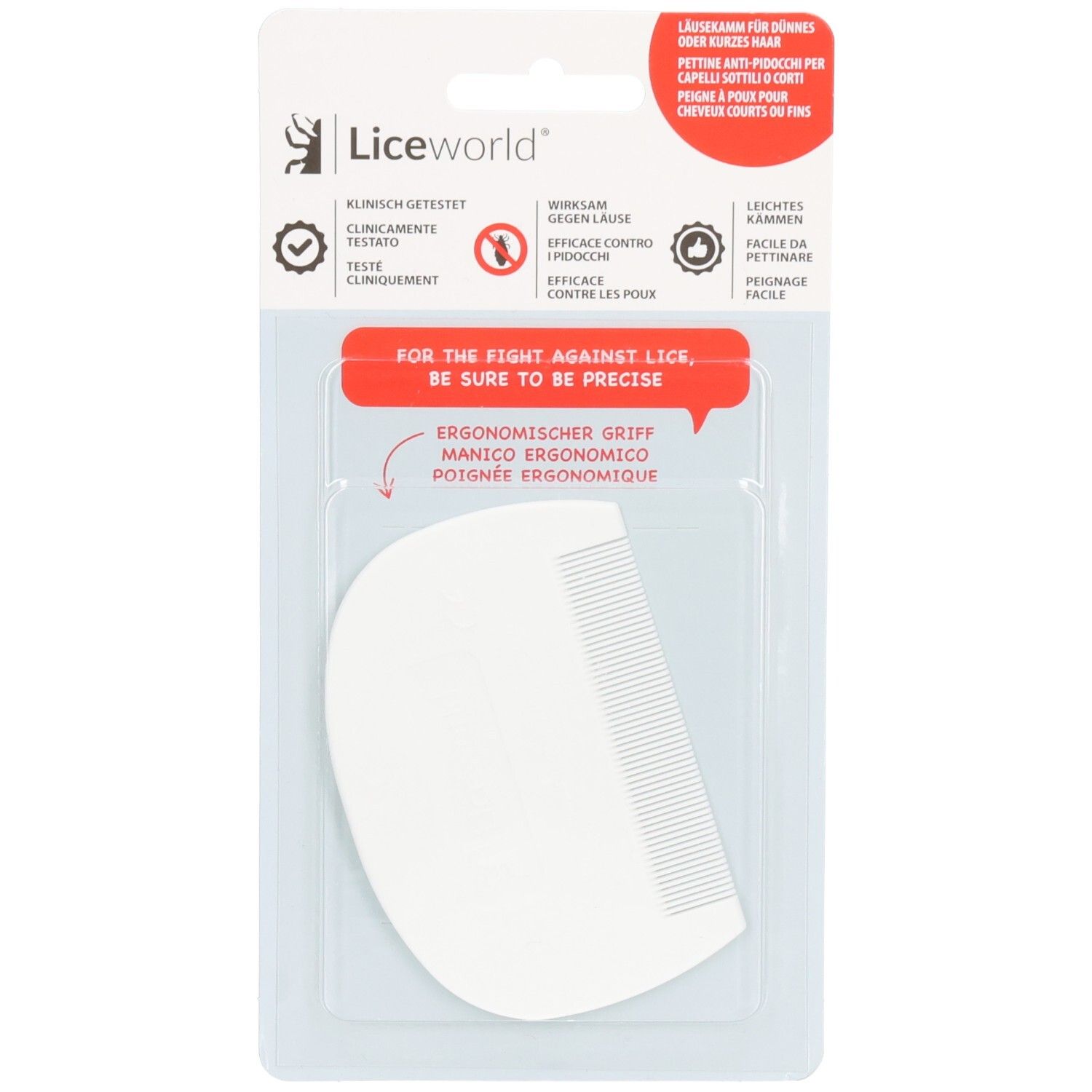 Peigne à poux blanc en plastique, emballage blister. Manche ergonomique. Texte: LiceWorld, testé cliniquement, efficace contre les poux.