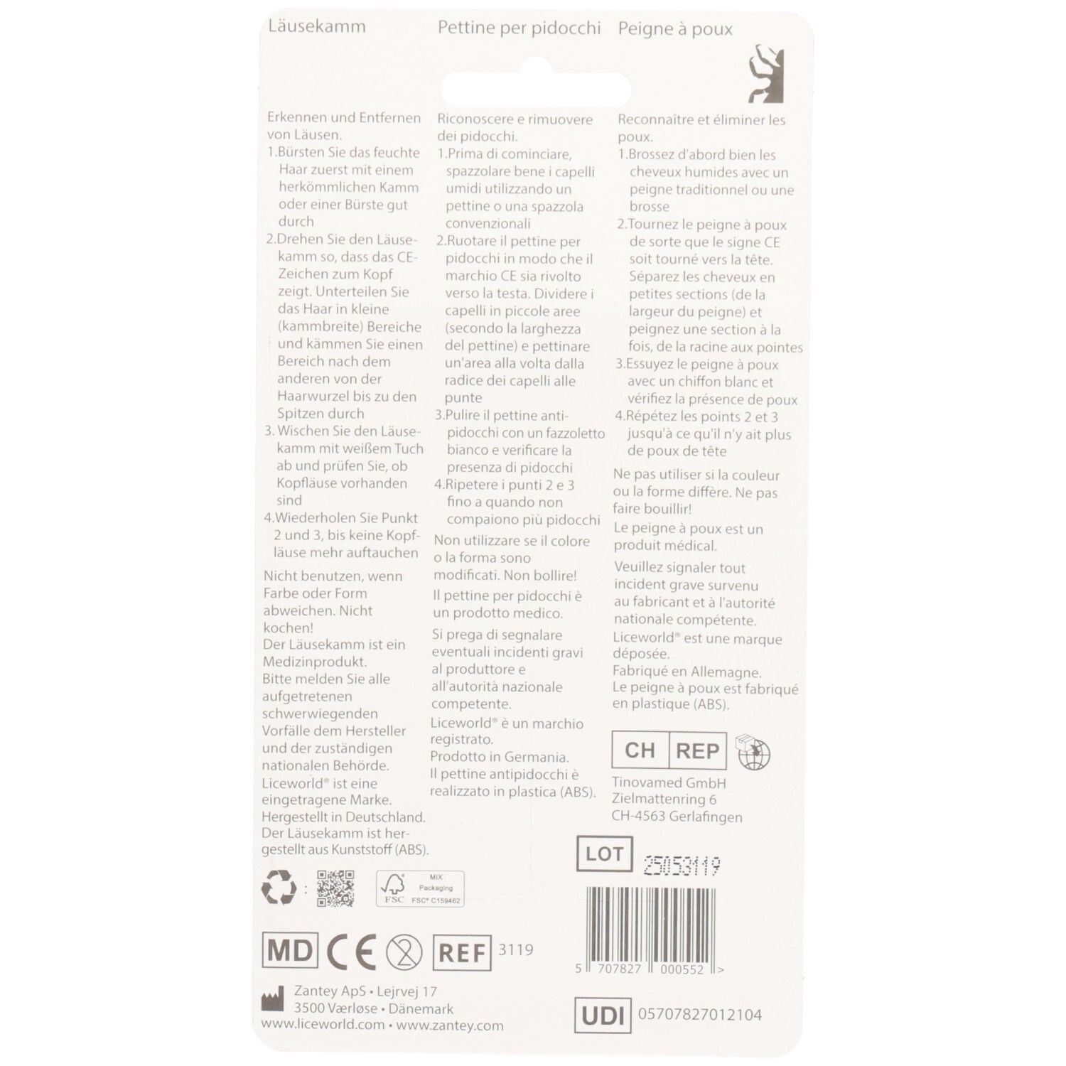 Dos de l'emballage avec texte et instructions. Texte: LiceWorld, mode d'emploi, informations fabricant, numéro de lot, code UDI.