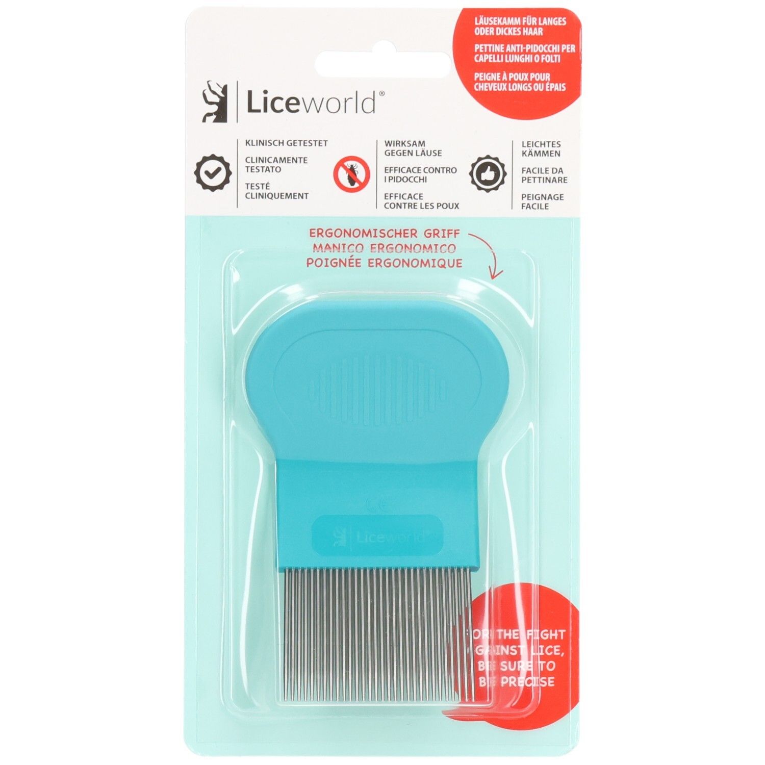 Péigne à poux bleu en métal, emballage blister. Manche ergonomique. Testé cliniquement. Logo et texte.