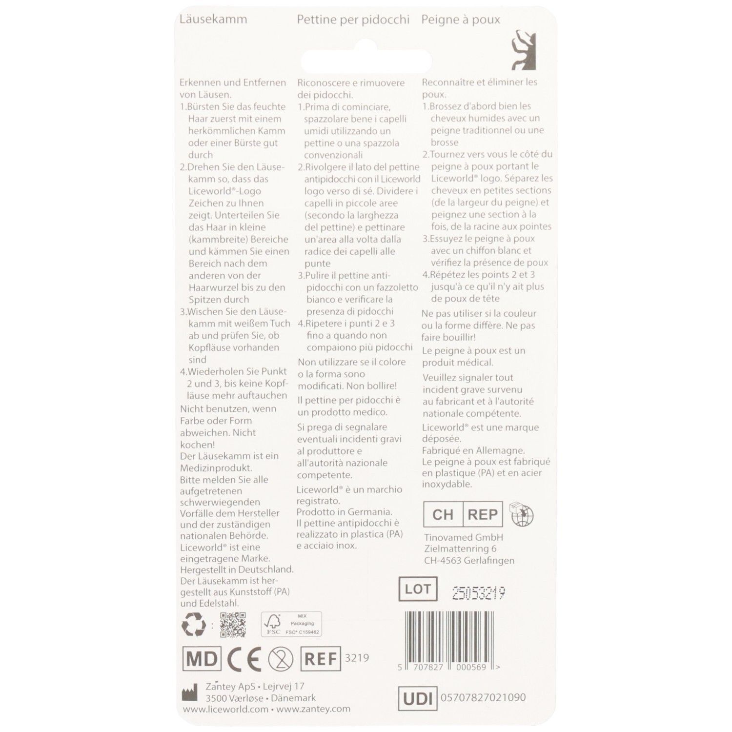 Dos de l'emballage avec texte et informations sur le produit. Comprend logo, certifications et numéro de lot.