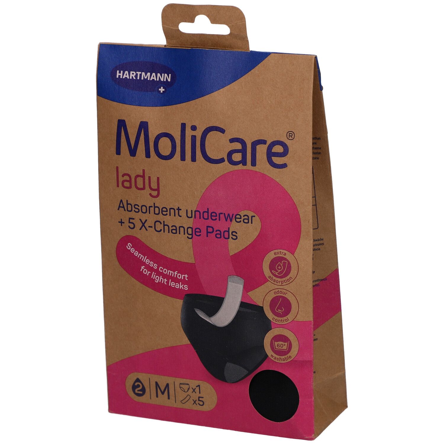 Emballage MoliCare Lady. Contient sous-vêtements absorbants et 5 X-Change Pads. Taille M. Boîte en carton marron avec illustration du produit.