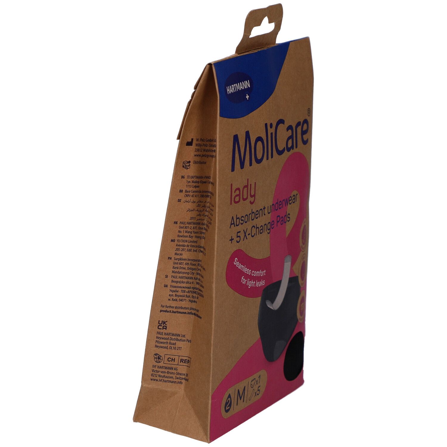 Vue latérale de l'emballage MoliCare Lady. Boîte en carton marron avec informations produit et logo. Contient sous-vêtements absorbants.