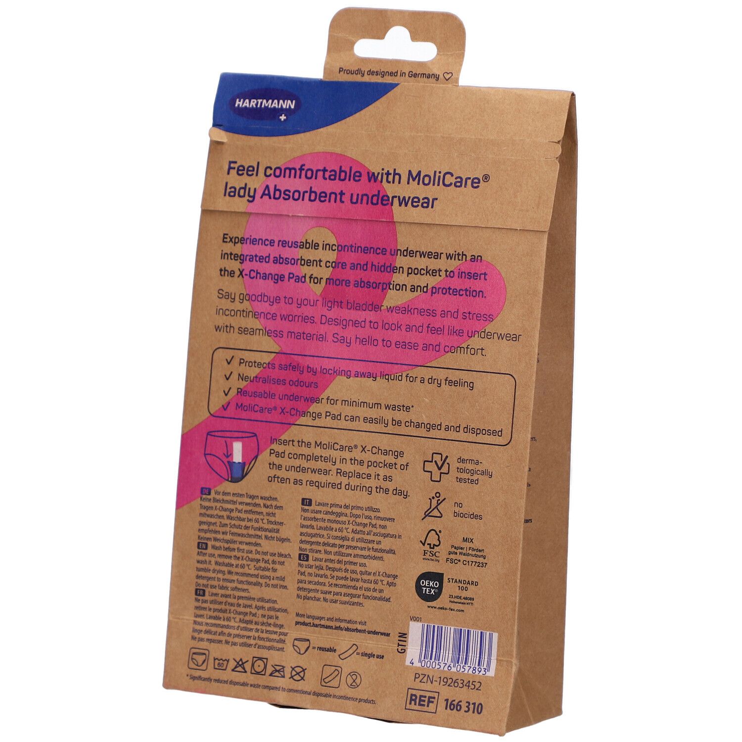 Dos de l'emballage MoliCare Lady. Informations textuelles, caractéristiques du produit, logo et certifications. Boîte en carton marron.