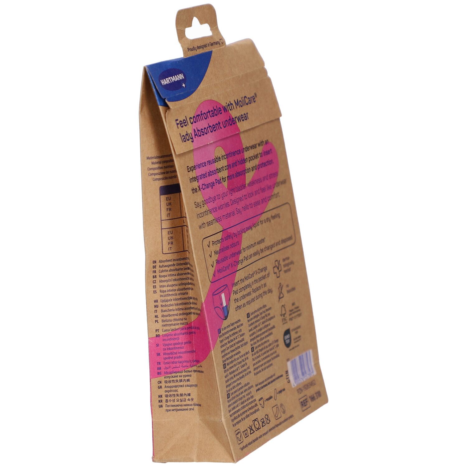 Vue latérale oblique de l'emballage MoliCare Lady. Boîte en carton marron avec informations produit et logo. Contient sous-vêtements absorbants.