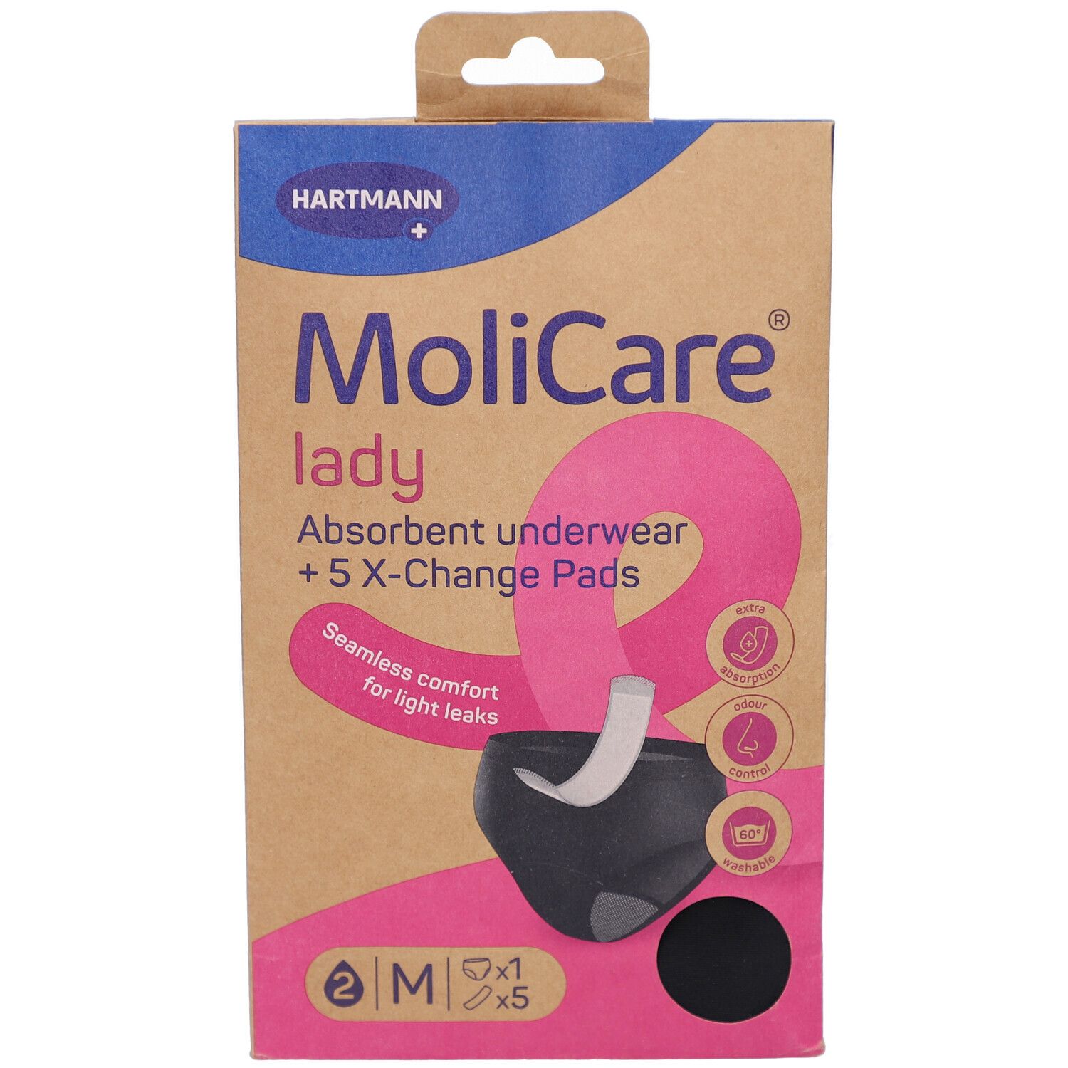 Vue de face de l'emballage MoliCare Lady. Contient sous-vêtements absorbants et 5 X-Change Pads. Taille M. Boîte en carton marron.