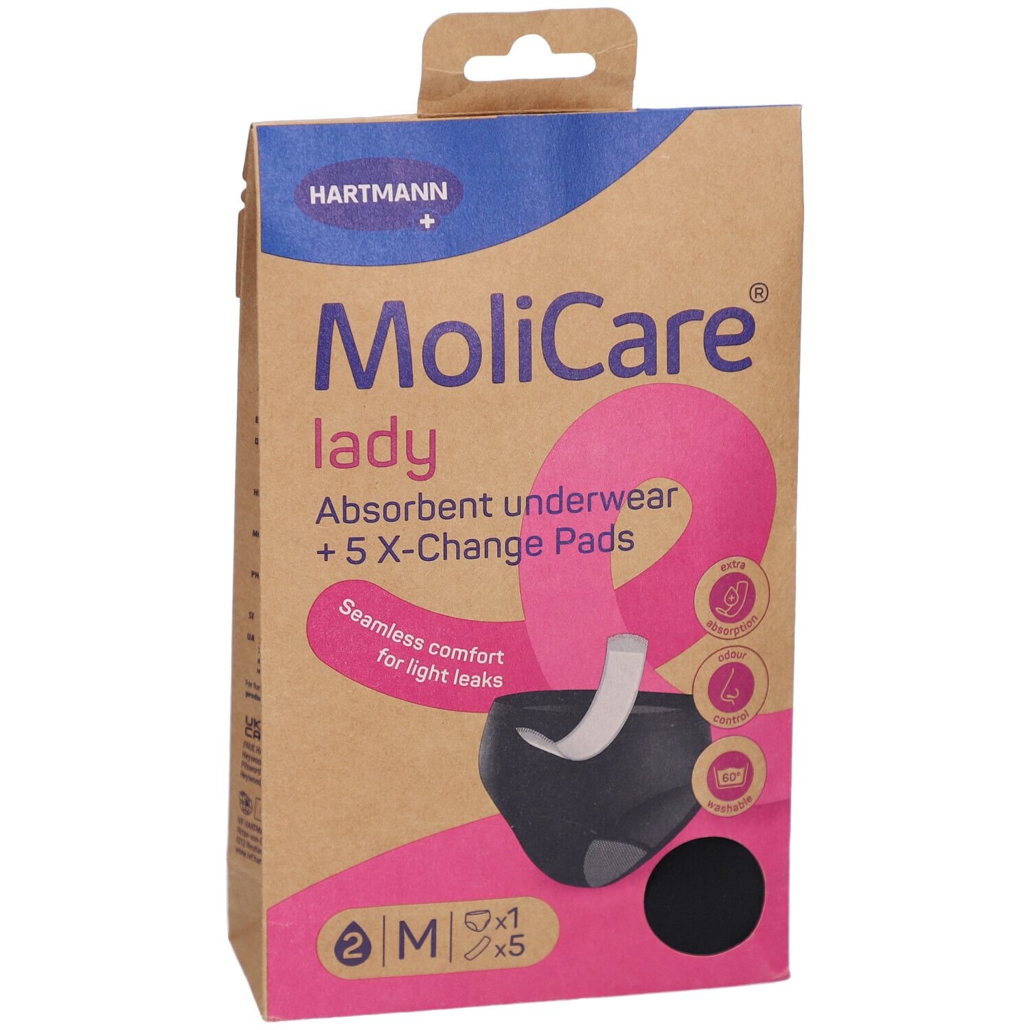 Vue de face de l'emballage MoliCare Lady. Contient sous-vêtements absorbants et 5 X-Change Pads. Taille M. Boîte en carton marron.