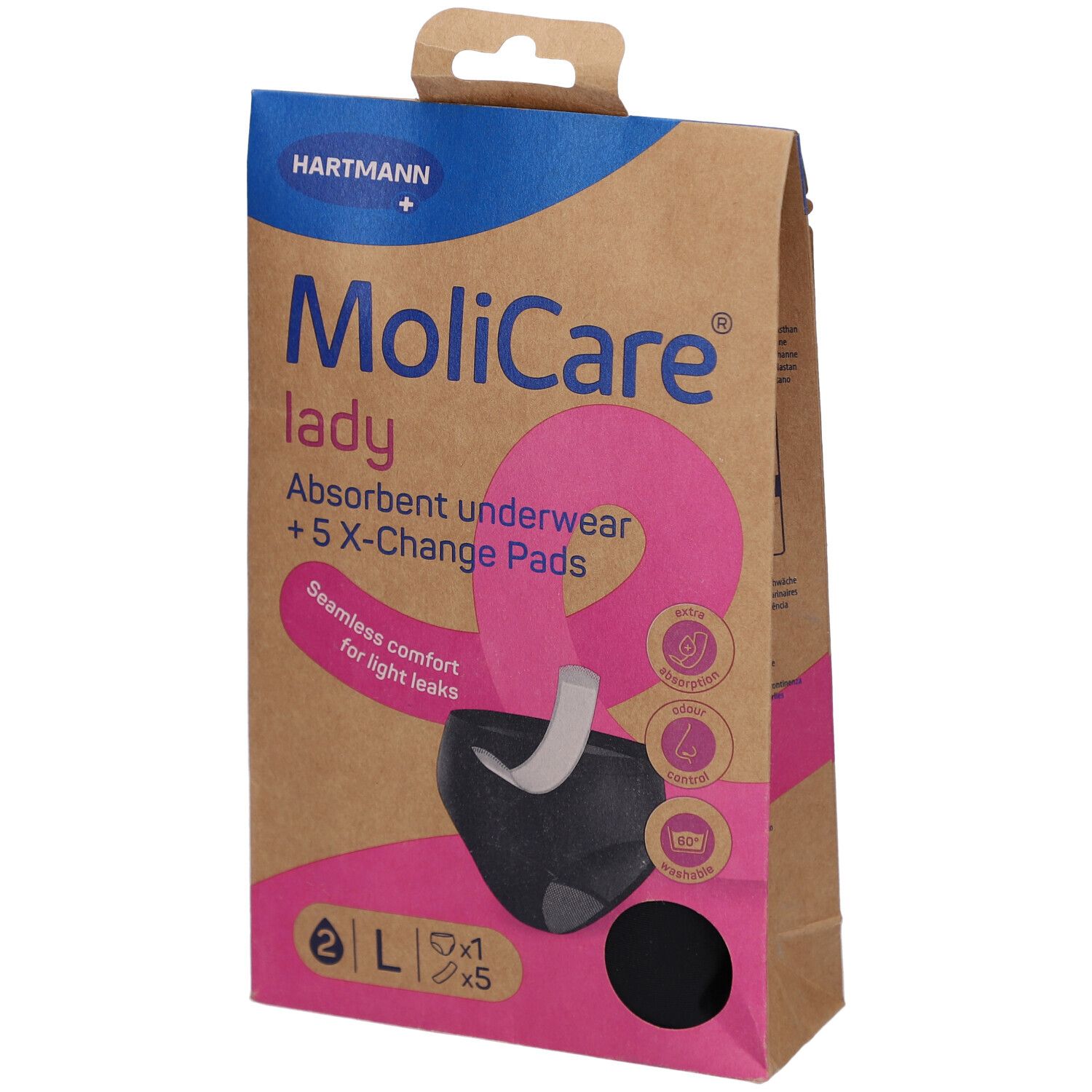 Emballage MoliCare® Lady. Boîte en carton brun avec image du produit et logo. Taille L, 5 coussinets.