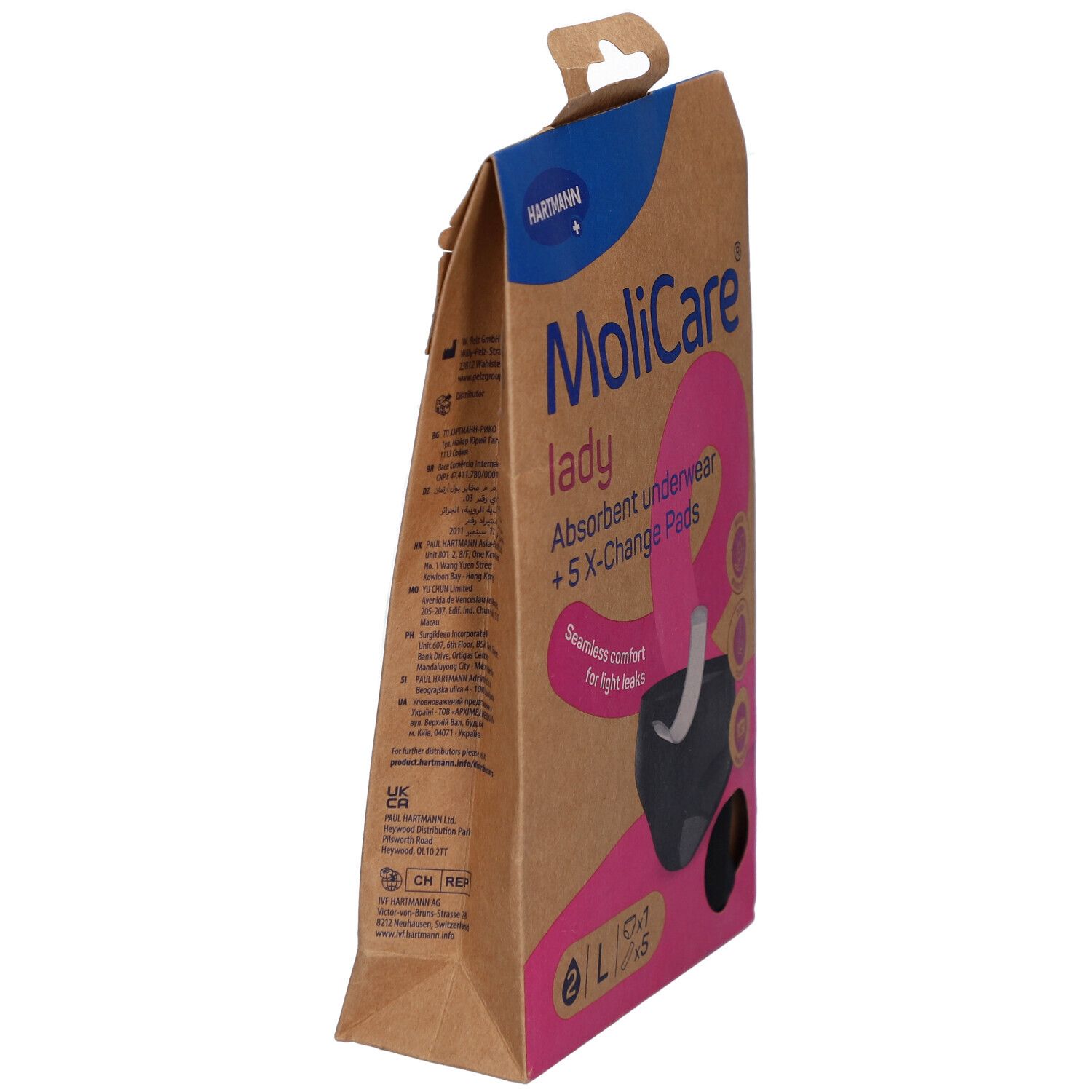 Vue latérale de l'emballage MoliCare® Lady. Boîte en carton brun avec texte et logo. Taille L.