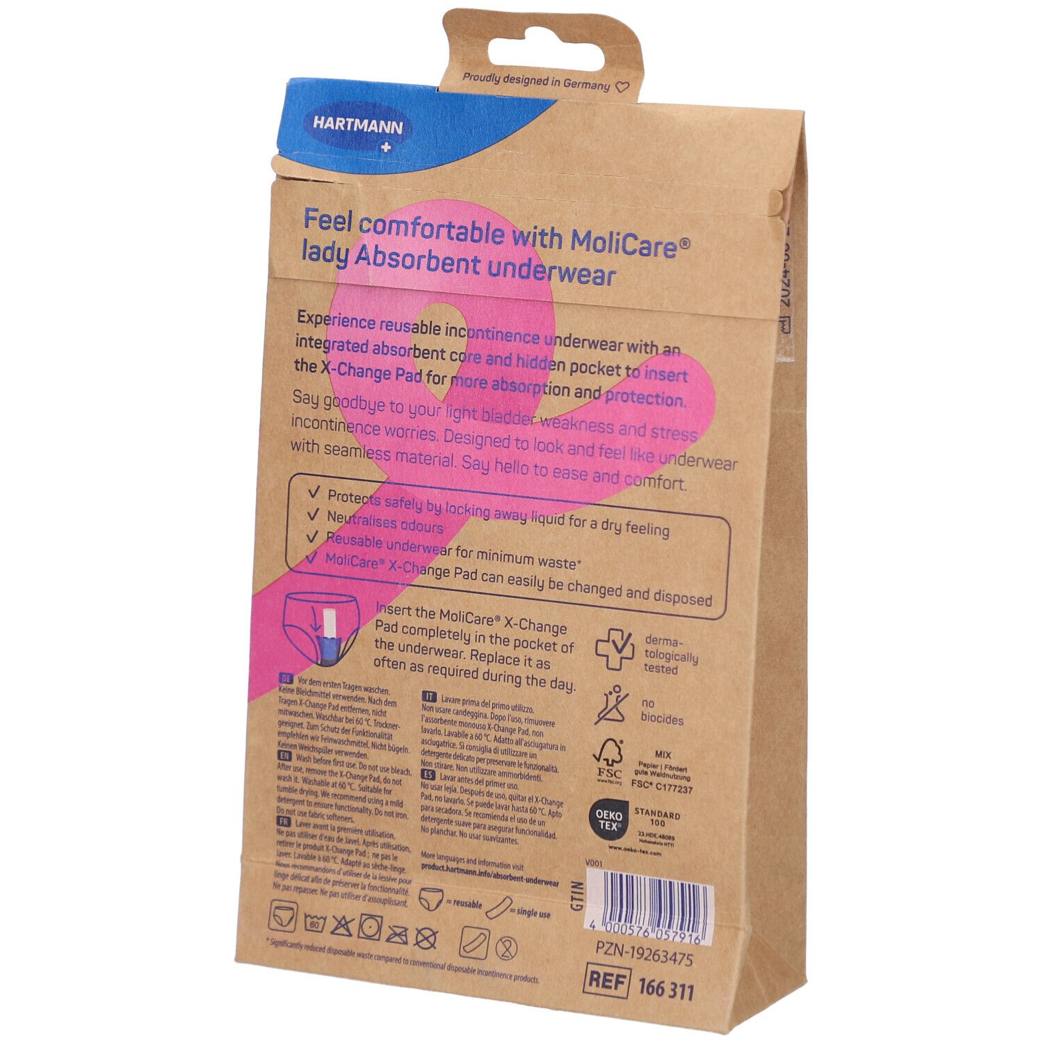 Dos de l'emballage MoliCare® Lady. Boîte en carton brun avec informations sur le produit et logo.