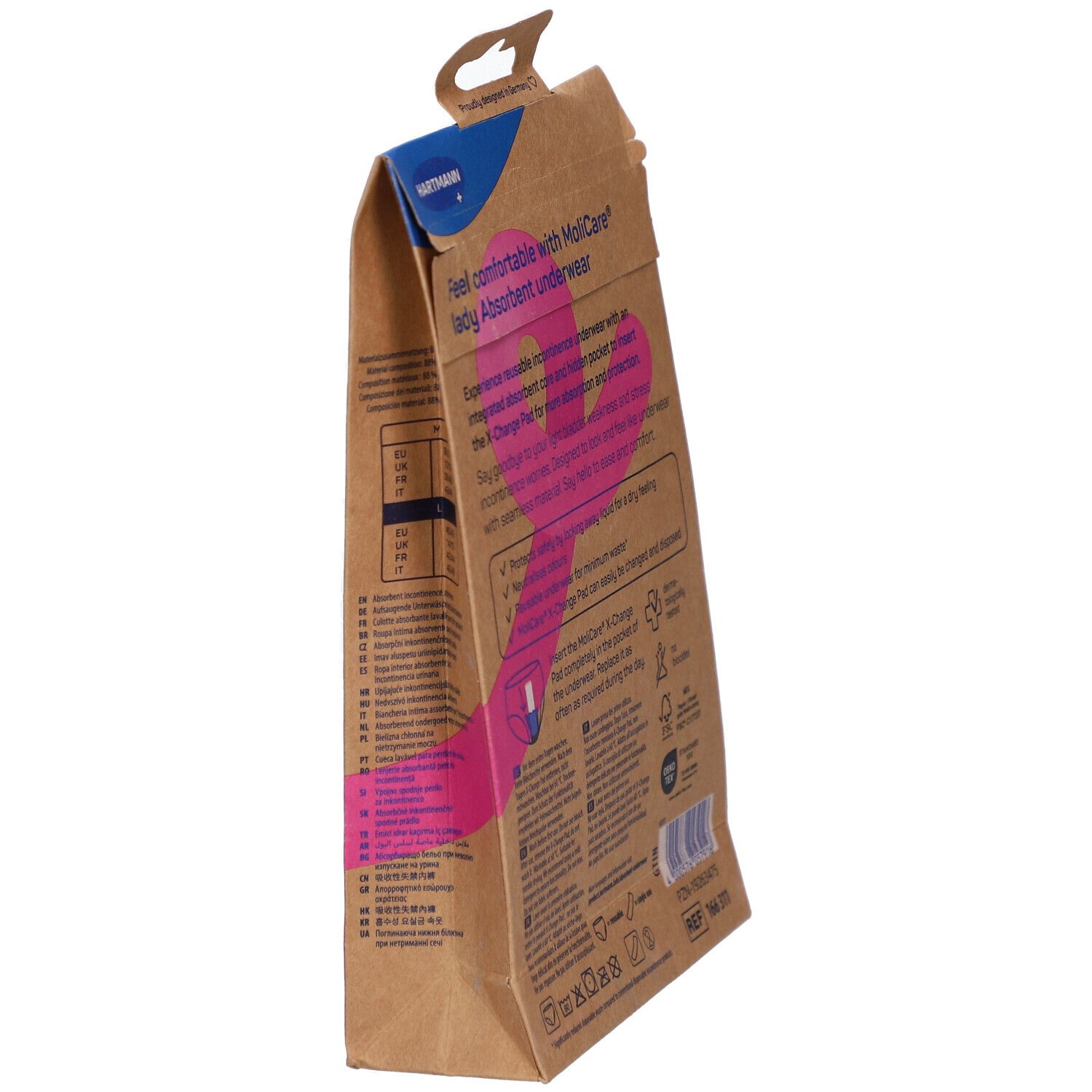 Vue latérale de l'emballage MoliCare® Lady. Boîte en carton brun avec texte et logo. Taille L.