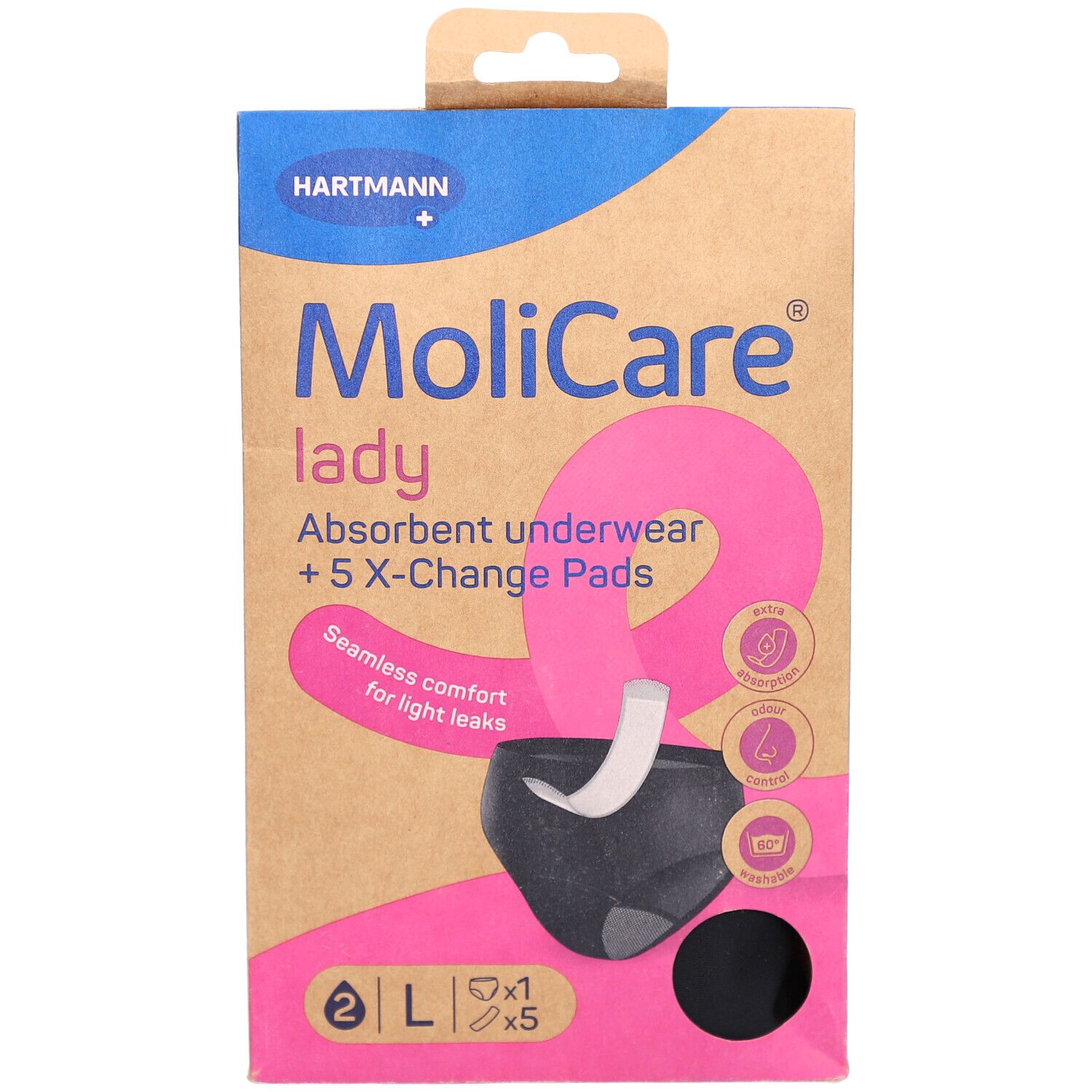 Emballage MoliCare® Lady. Boîte en carton brun avec image du produit et logo. Taille L, 5 coussinets.