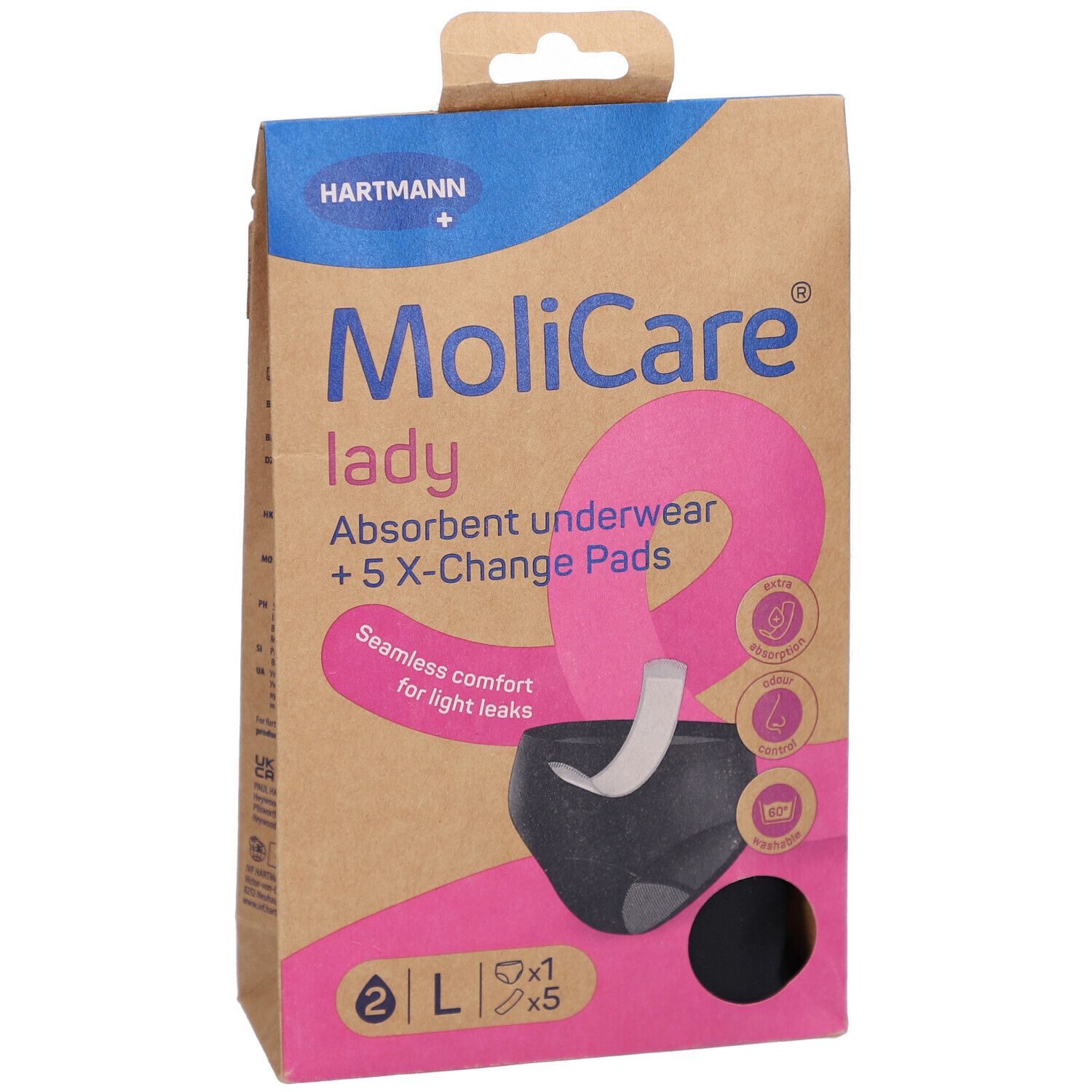Emballage MoliCare® Lady. Boîte en carton brun avec image du produit et logo. Taille L, 5 coussinets.