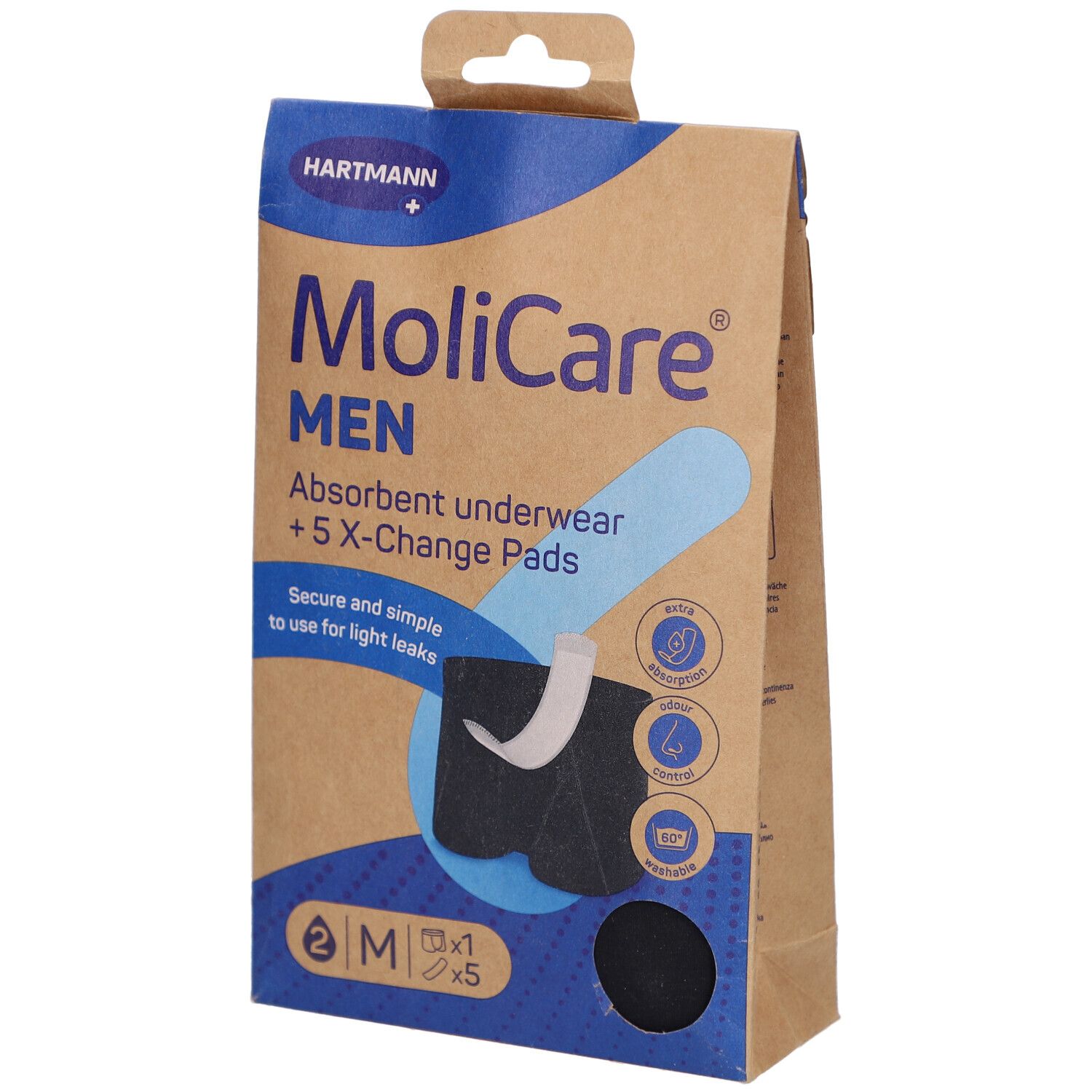 Emballage MoliCare MEN, sous-vêtements absorbants + 5 pads X-Change. Taille M. Marque Hartmann. Emballage brun et bleu avec illustration.