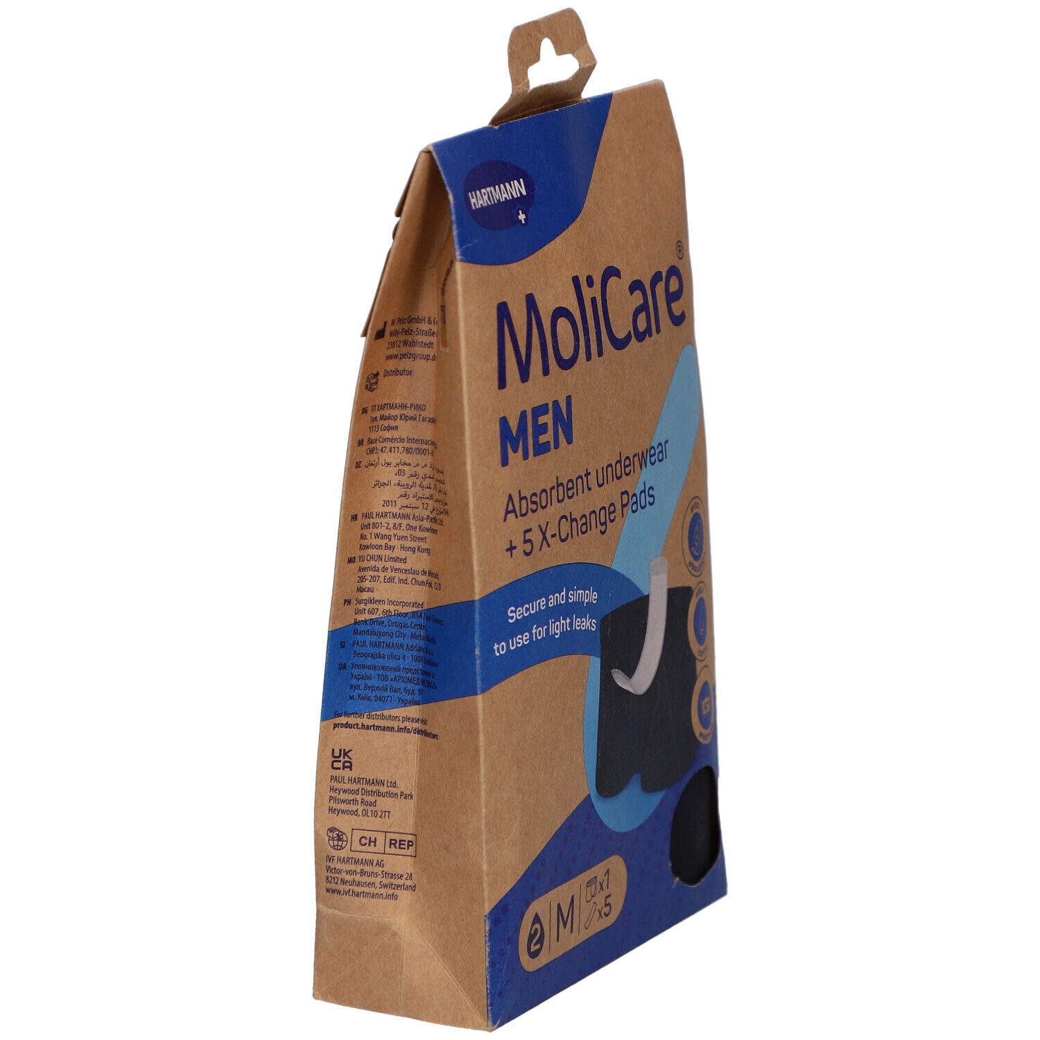 Vue latérale de l'emballage MoliCare MEN. Nom du produit et marque Hartmann visibles. Emballage brun avec des accents bleus.