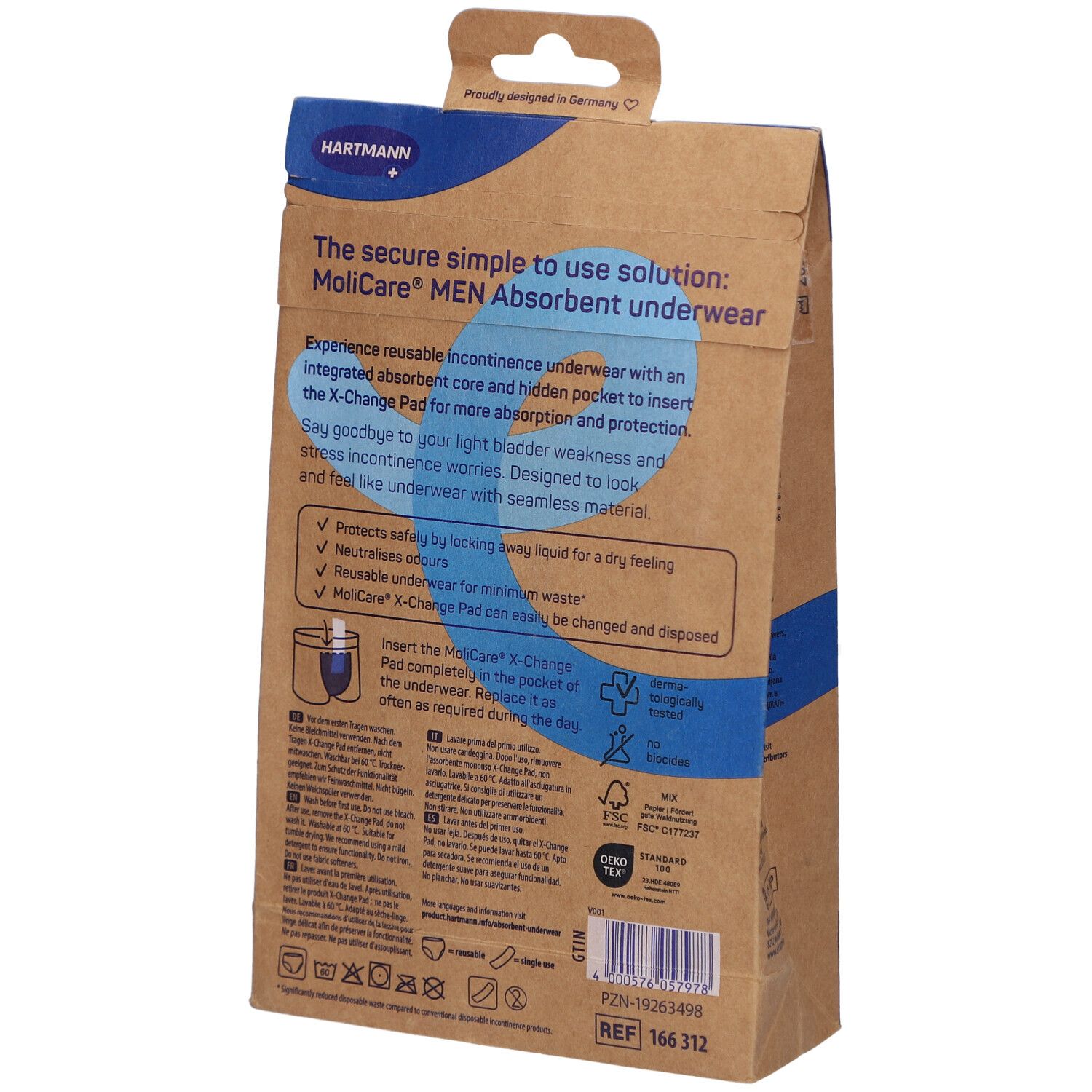 Dos de l'emballage MoliCare MEN. Informations sur le produit et marque Hartmann. Emballage brun avec textes et logos bleus.