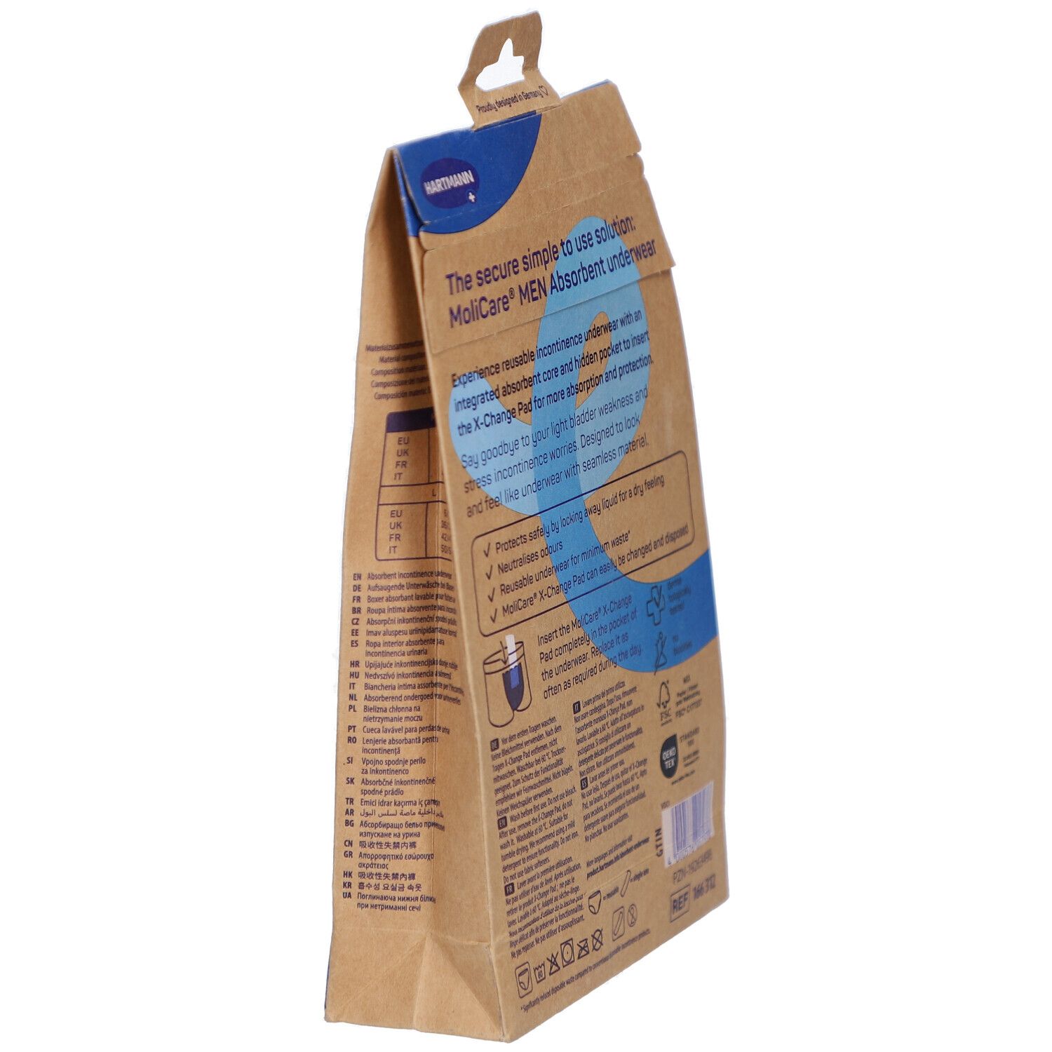 Vue latérale de l'emballage MoliCare MEN. Informations sur le produit et marque Hartmann. Emballage brun avec textes bleus.