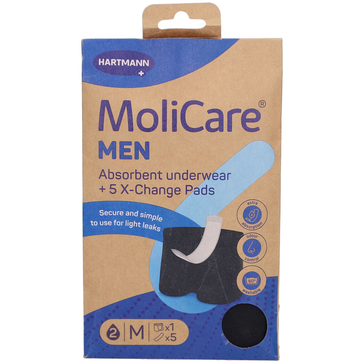 Vue de face de l'emballage MoliCare MEN. Nom du produit, marque Hartmann et taille M. Emballage brun et bleu.