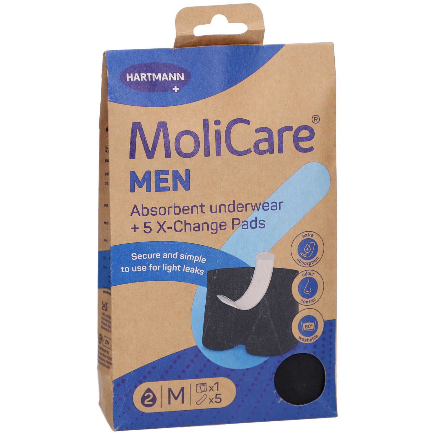 Vue de face de l'emballage MoliCare MEN. Nom du produit, marque Hartmann et taille M. Emballage brun et bleu.