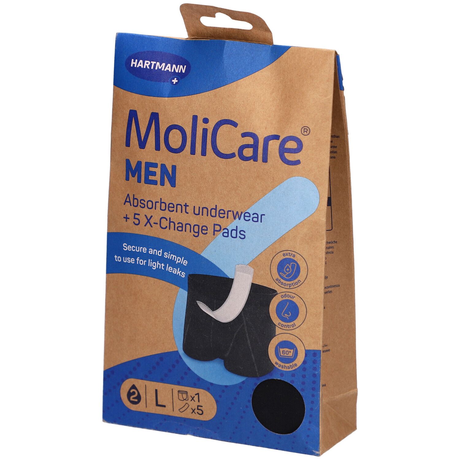 Emballage MoliCare MEN, sous-vêtements absorbants + 5 protections de rechange. Taille L. Emballage marron avec illustration.
