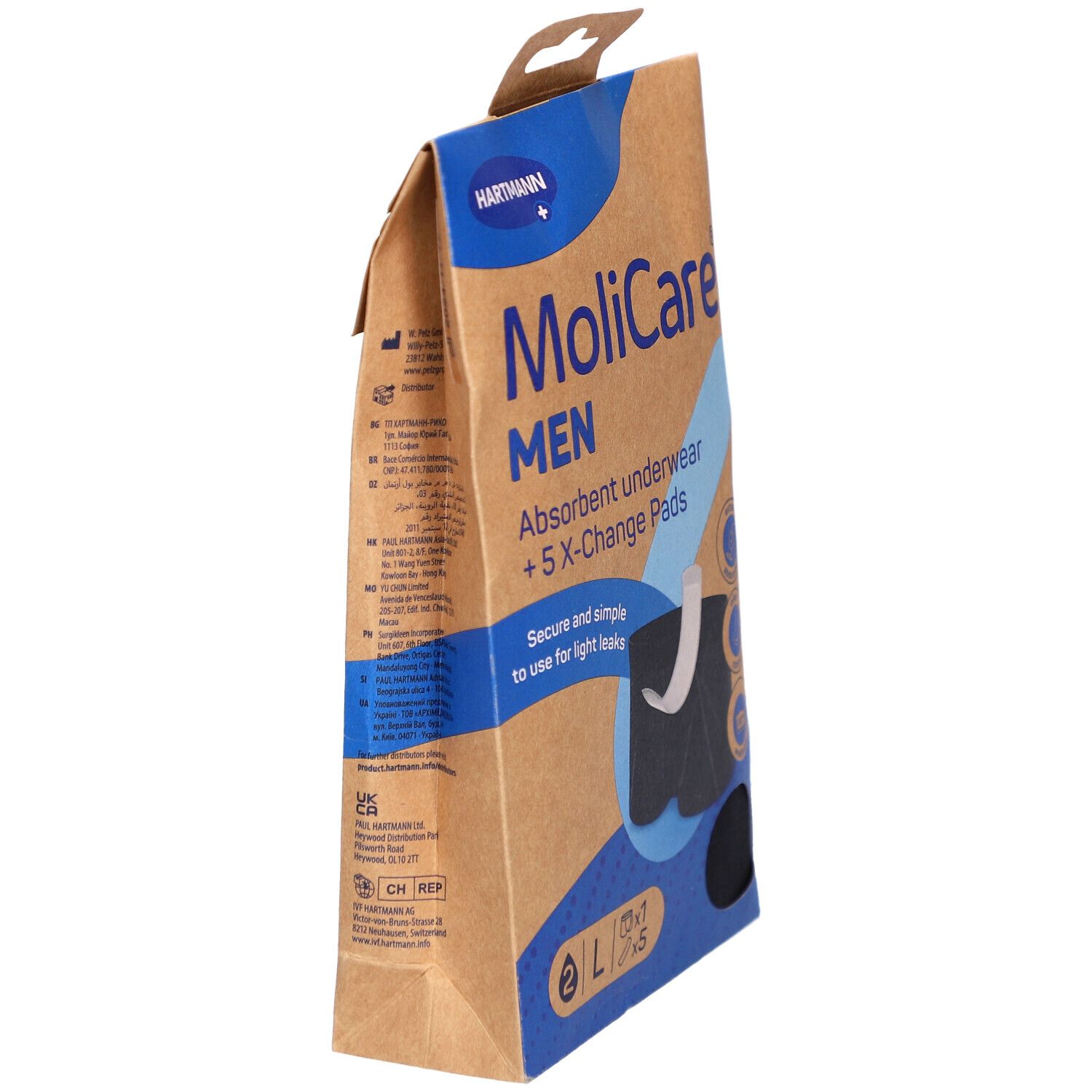 Emballage MoliCare MEN, vue latérale. Emballage marron avec informations produit et logo.