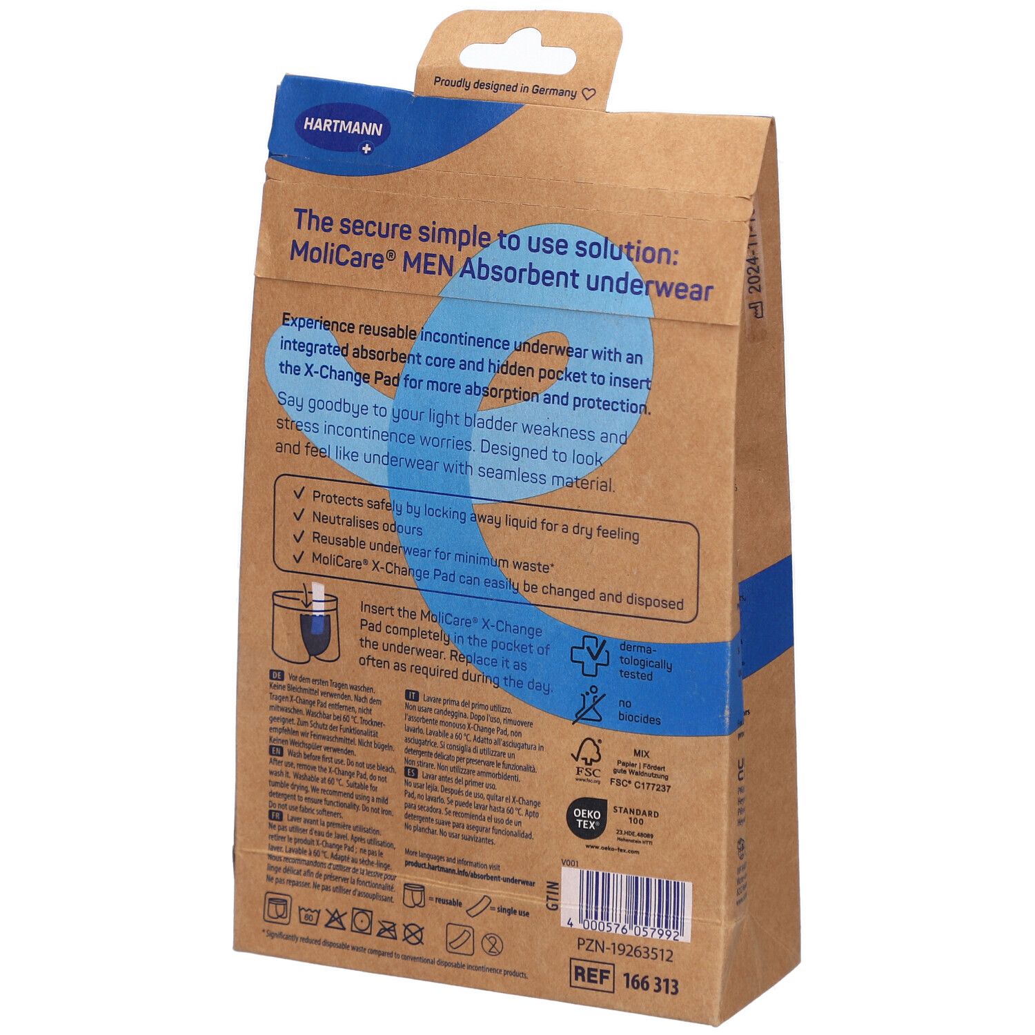 Dos de l'emballage MoliCare MEN. Informations produit, description d'utilisation et certifications.