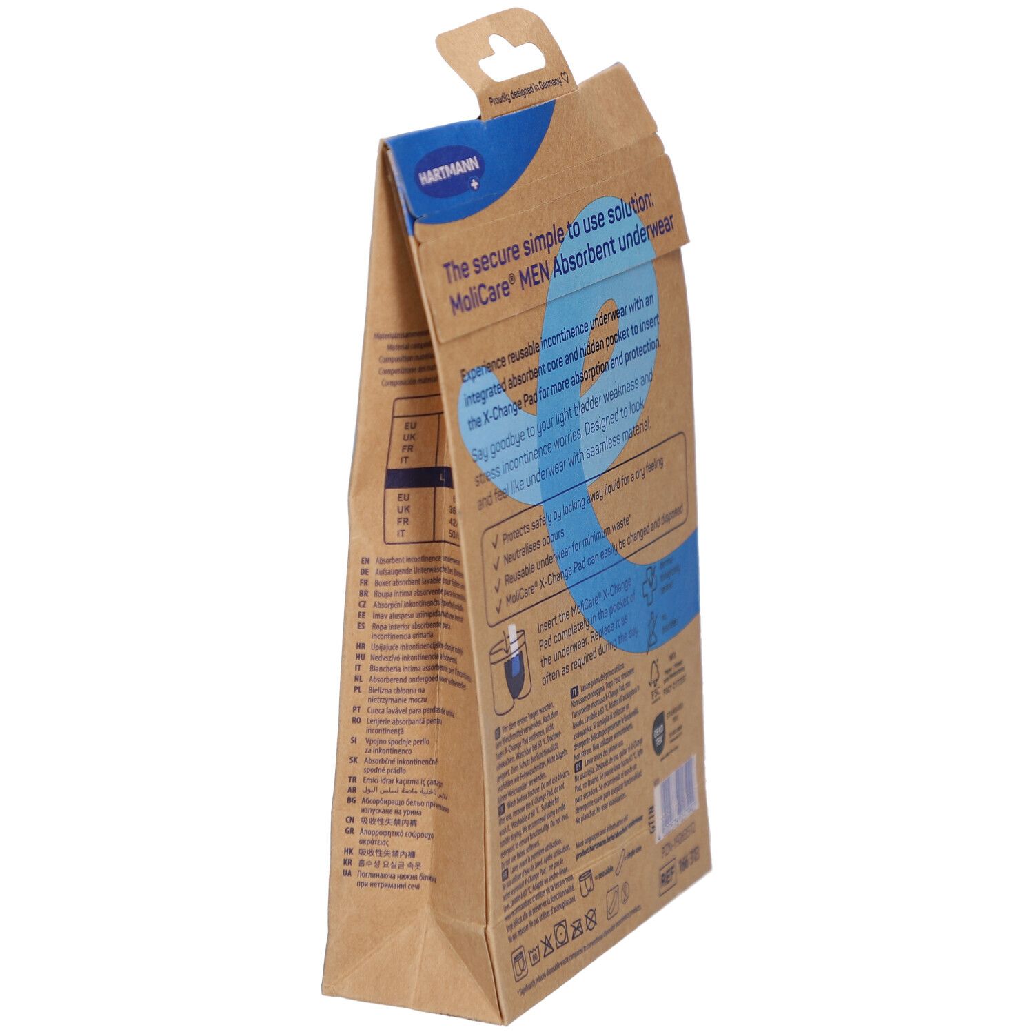 Emballage MoliCare MEN, vue latérale avec informations produit et logo. Emballage marron.