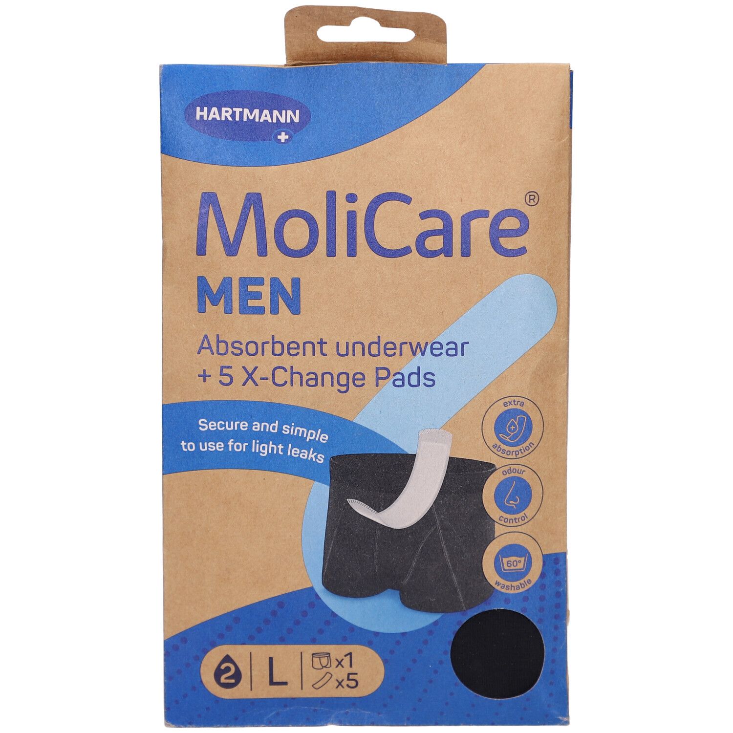 Emballage MoliCare MEN, vue de face. Emballage marron avec illustration du produit et logo.