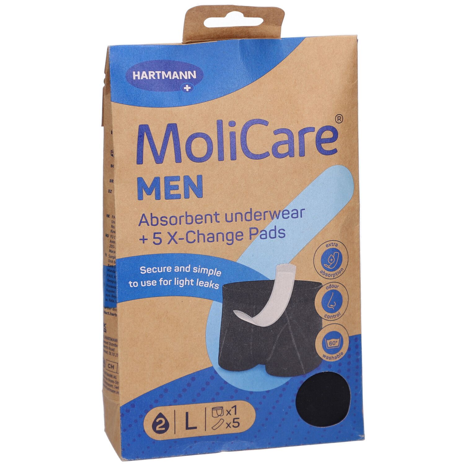 Emballage MoliCare MEN, vue de face. Emballage marron avec illustration du produit et logo.