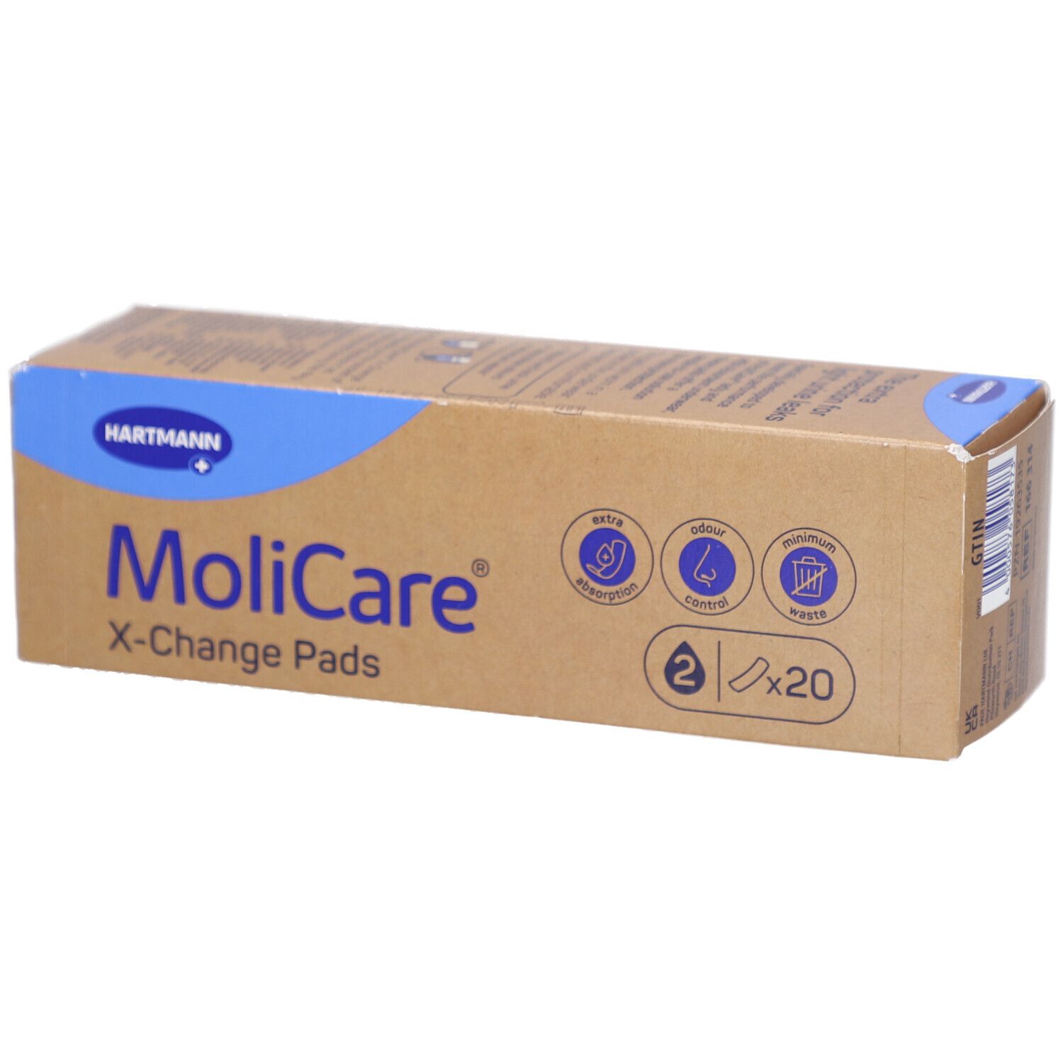 Boîte de MoliCare X-Change Pads. Emballage marron avec texte bleu. Contient 2 x 20 coussinets. Logo Hartmann.