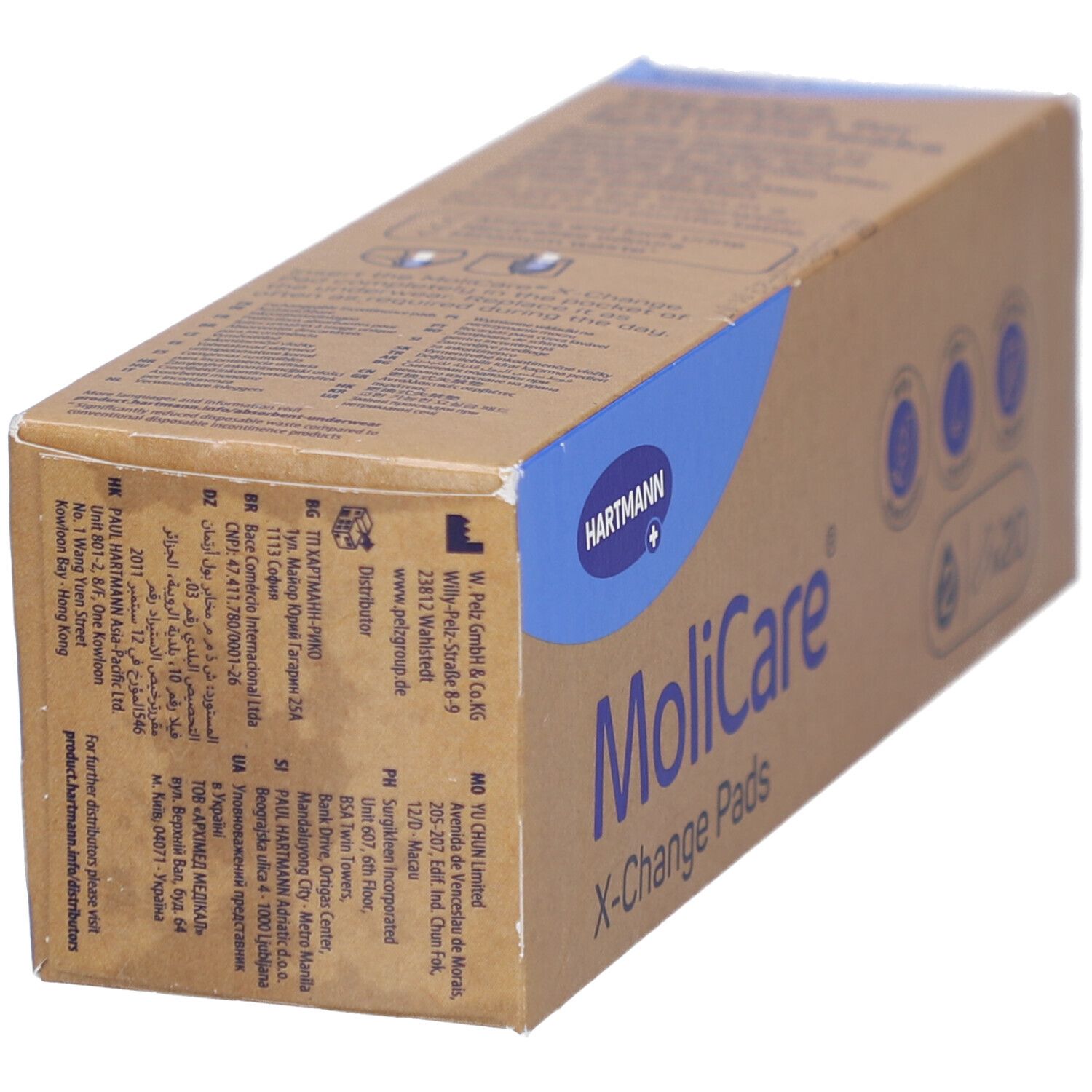 Boîte de MoliCare X-Change Pads. Emballage marron avec coin bleu. Logo Hartmann. Texte et symboles.
