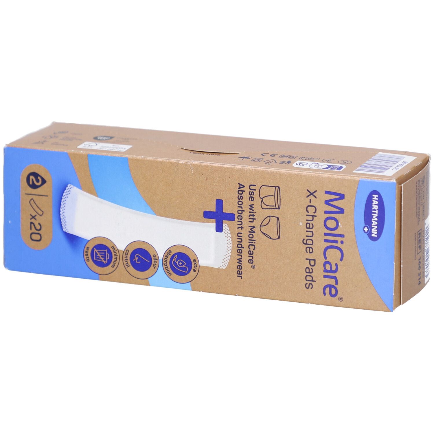 Boîte de MoliCare X-Change Pads. Emballage marron avec élément bleu. 2 x 20 coussinets. Logo Hartmann.