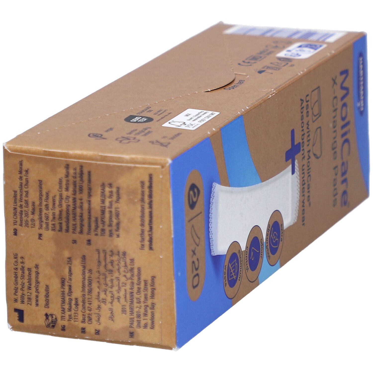 Boîte de MoliCare X-Change Pads. Emballage marron avec coin bleu. 2 x 20 coussinets. Texte et symboles.