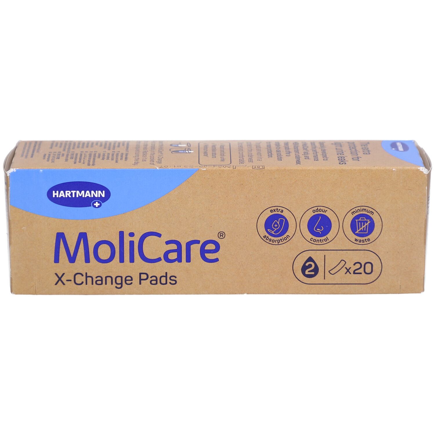 Boîte de MoliCare X-Change Pads. Emballage marron avec élément bleu. Logo Hartmann. 2 x 20 coussinets.