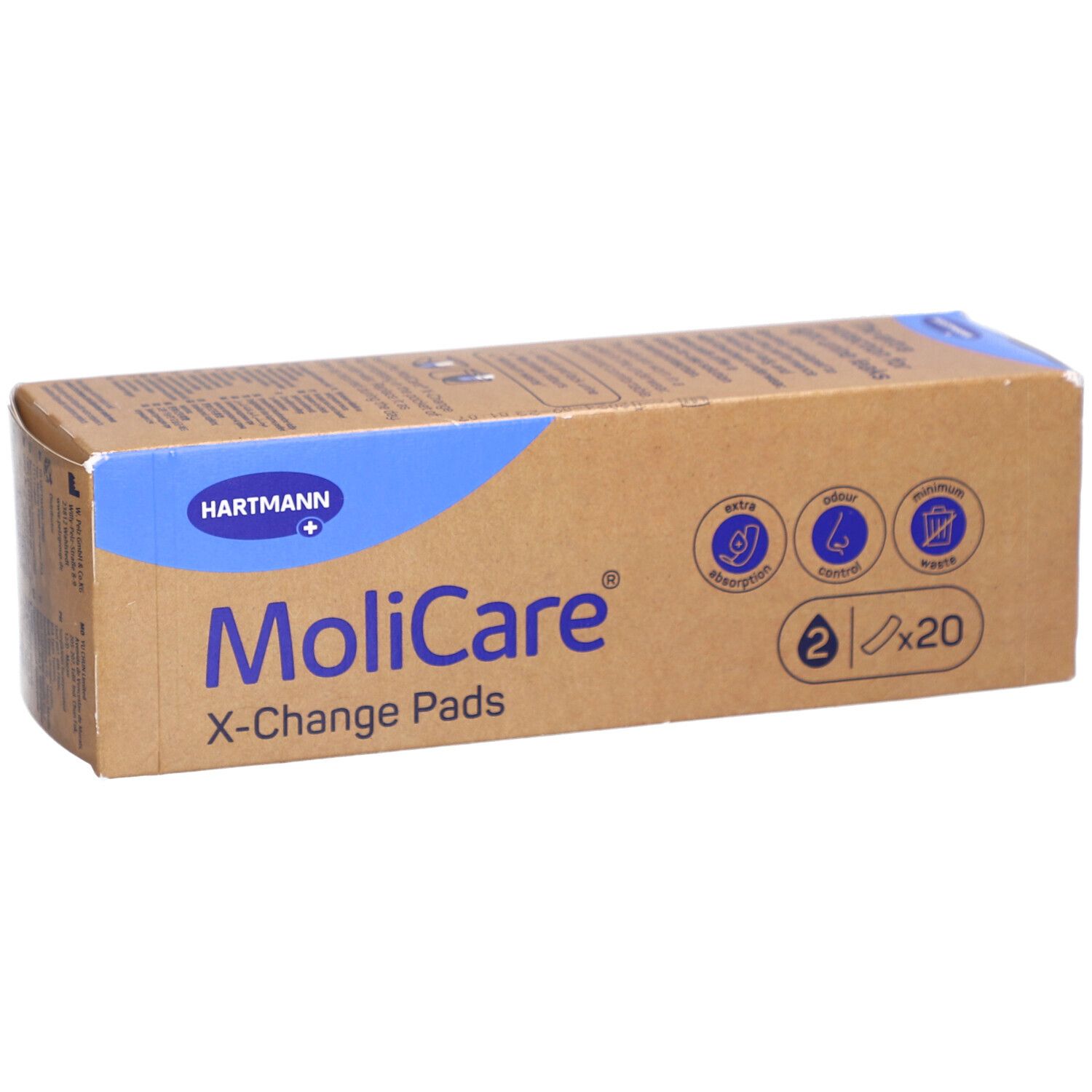 Boîte de MoliCare X-Change Pads. Emballage marron avec élément bleu. Logo Hartmann. 2 x 20 coussinets.