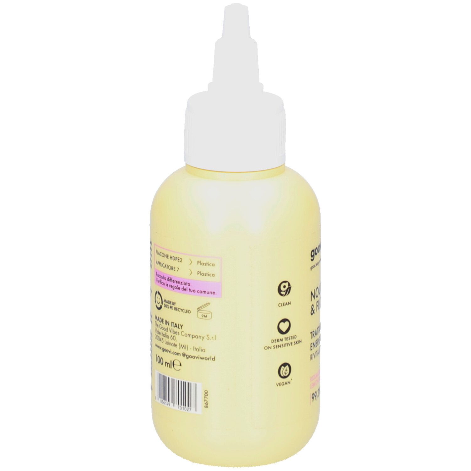 Dos d'un flacon jaune avec applicateur blanc. Texte en italien. Informations sur les ingrédients et le fabricant. Logo de recyclage.