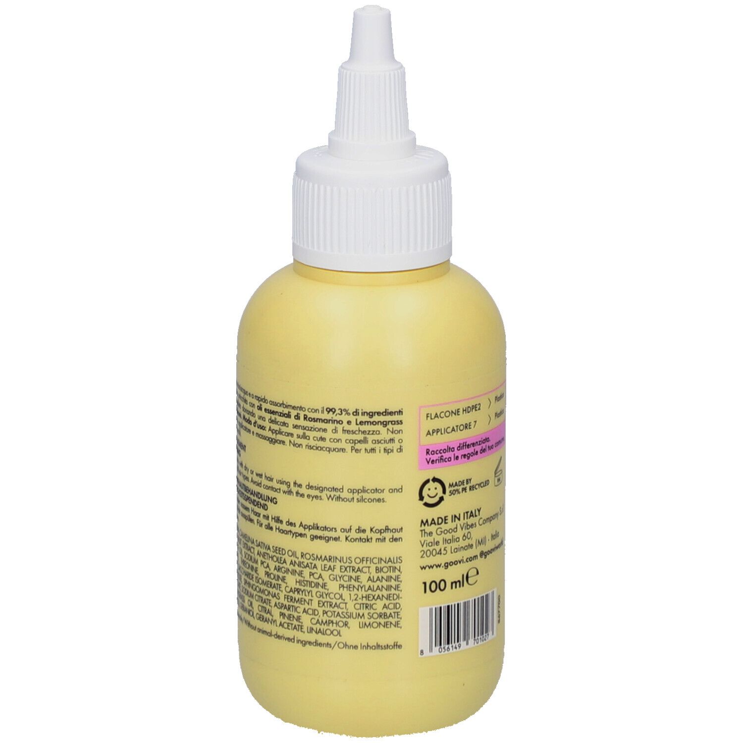 Flacon jaune avec applicateur blanc. Texte en italien. Informations sur les ingrédients. Inscription : 100 ml. Informations sur le fabricant.