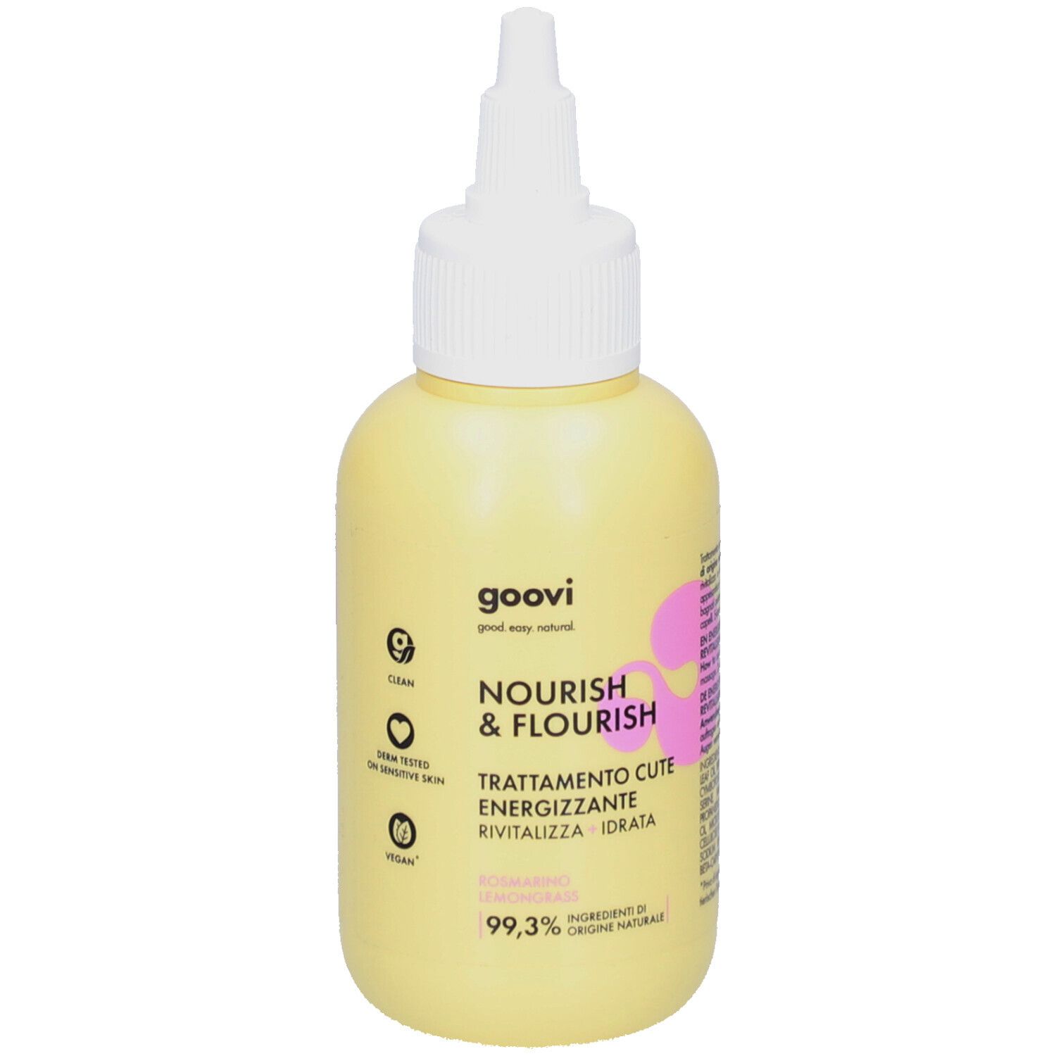 Flacon jaune avec applicateur blanc. Inscription : GOOVI NOURISH & FLOURISH. Texte en italien. 99,3% d'ingrédients d'origine naturelle.