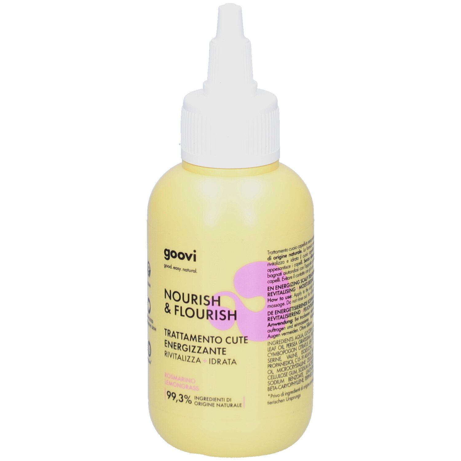 Flacon jaune avec applicateur blanc. Inscription : GOOVI NOURISH & FLOURISH. Texte en italien. 99,3% d'ingrédients d'origine naturelle.