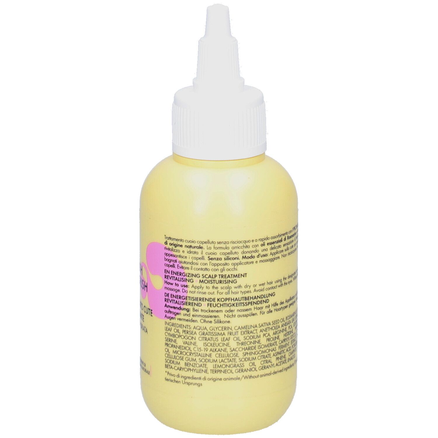 Dos d'un flacon jaune avec applicateur blanc. Texte en italien. Informations sur les ingrédients et l'utilisation. Inscription : 100 ml.