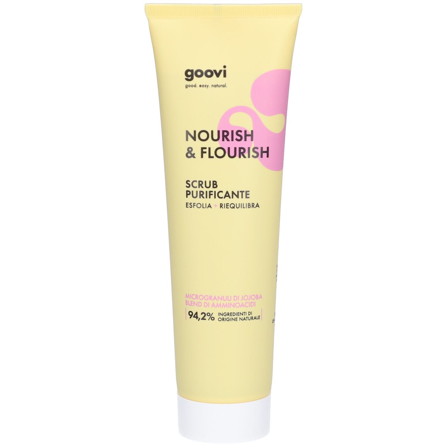 Gelbe Tube mit Produktaufschrift. Enthält „Nourish & Flourish“ und „Scrub Purificante“. 94,2% Inhaltsstoffe natürlichen Ursprungs.