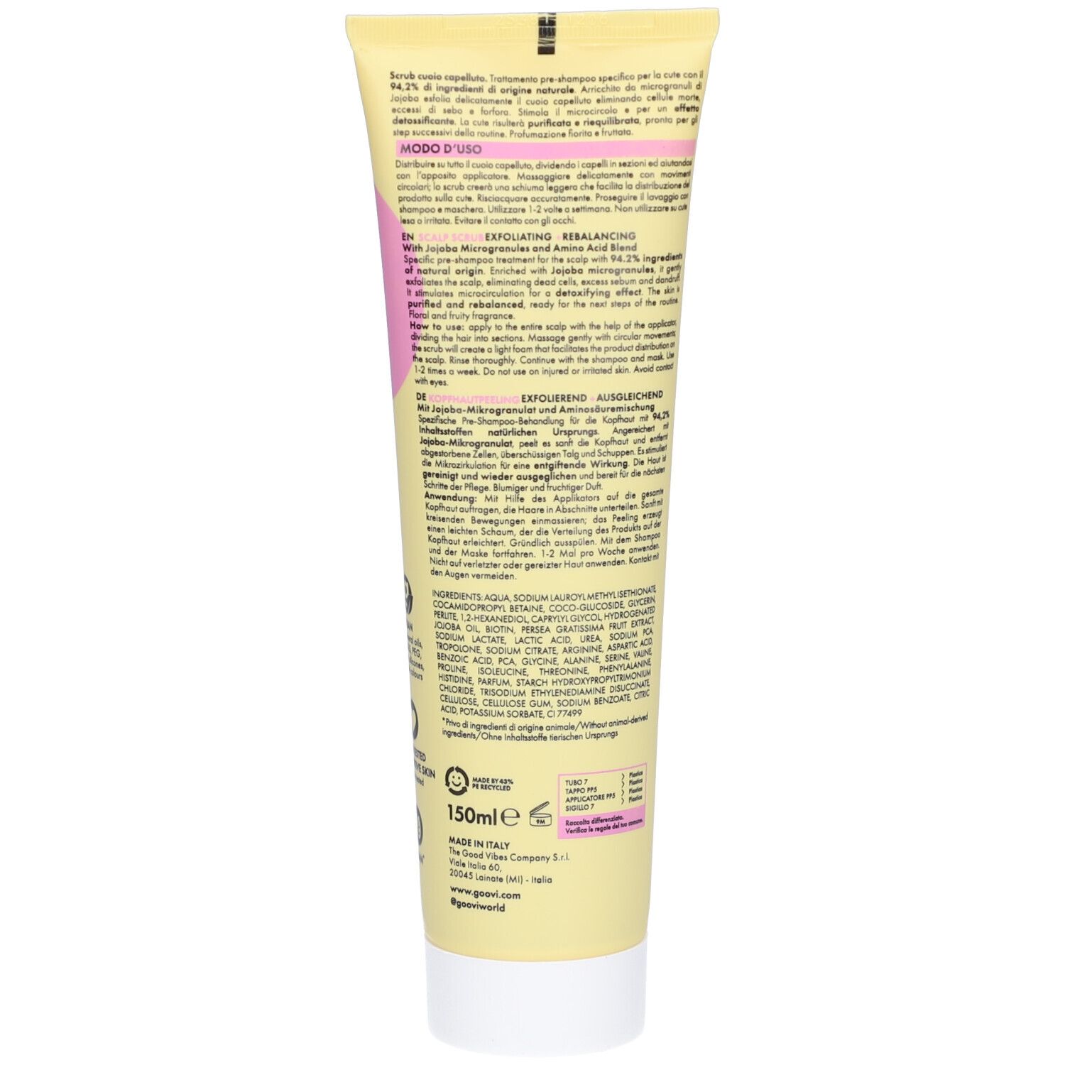 Rückseite der gelben Tube. Enthält Text in mehreren Sprachen, darunter Inhaltsstoffe und Anwendungsanweisungen. 150ml.