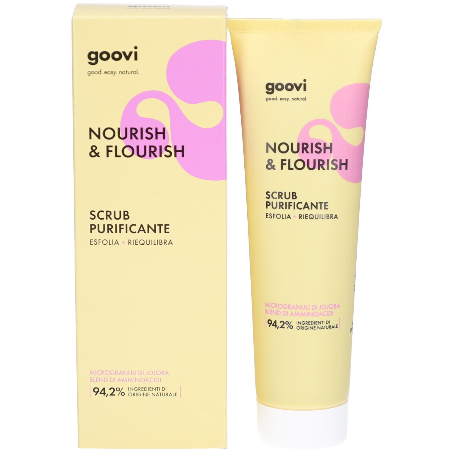 Gelbe Schachtel und Tube. Aufschrift: „Nourish & Flourish“ und „Scrub Purificante“. 94,2% Inhaltsstoffe natürlichen Ursprungs. Marke: Goovi.