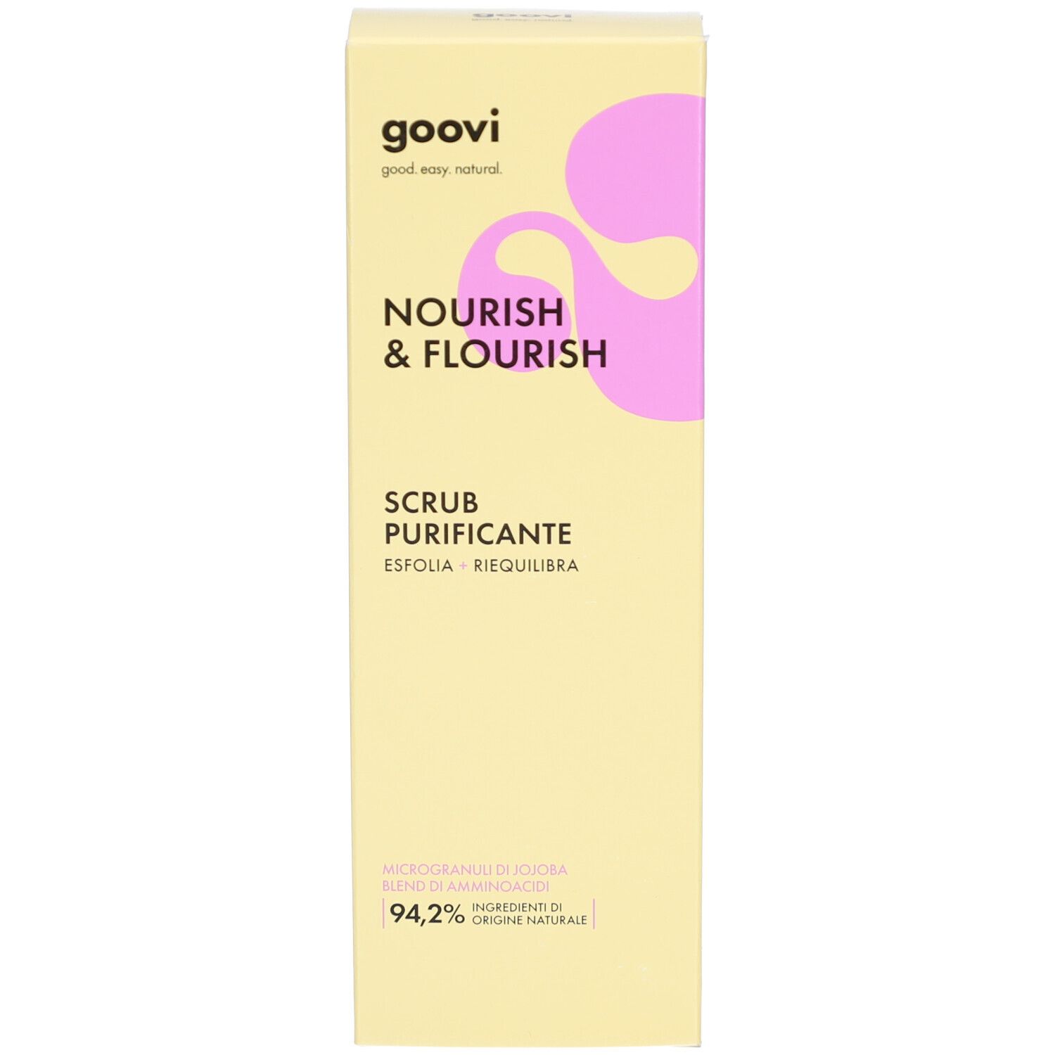 Gelbe Schachtel mit Produktaufschrift. Enthält „Nourish & Flourish“ und „Scrub Purificante“. 94,2% Inhaltsstoffe natürlichen Ursprungs.