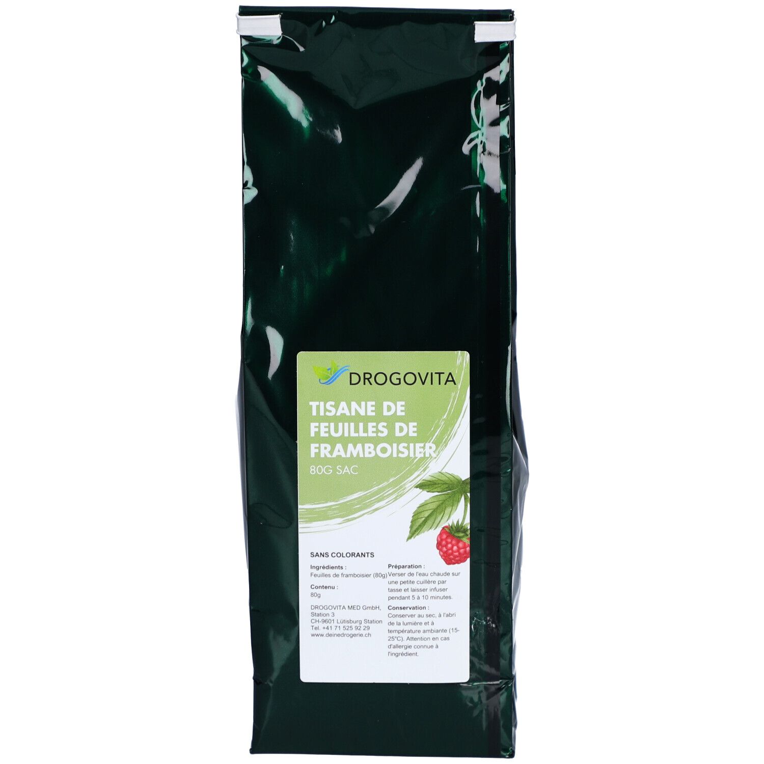 Emballage vert foncé avec étiquette. DROGOVITA Tisane de feuilles de framboisier. Image d'une framboise et de feuilles.