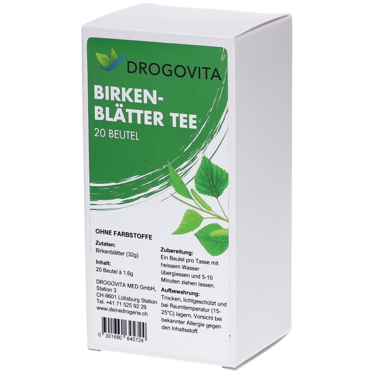 Boîte blanche avec étiquette verte. Inscription: DROGOVITA, Thé de feuilles de bouleau, 20 sachets. Illustration de feuilles.