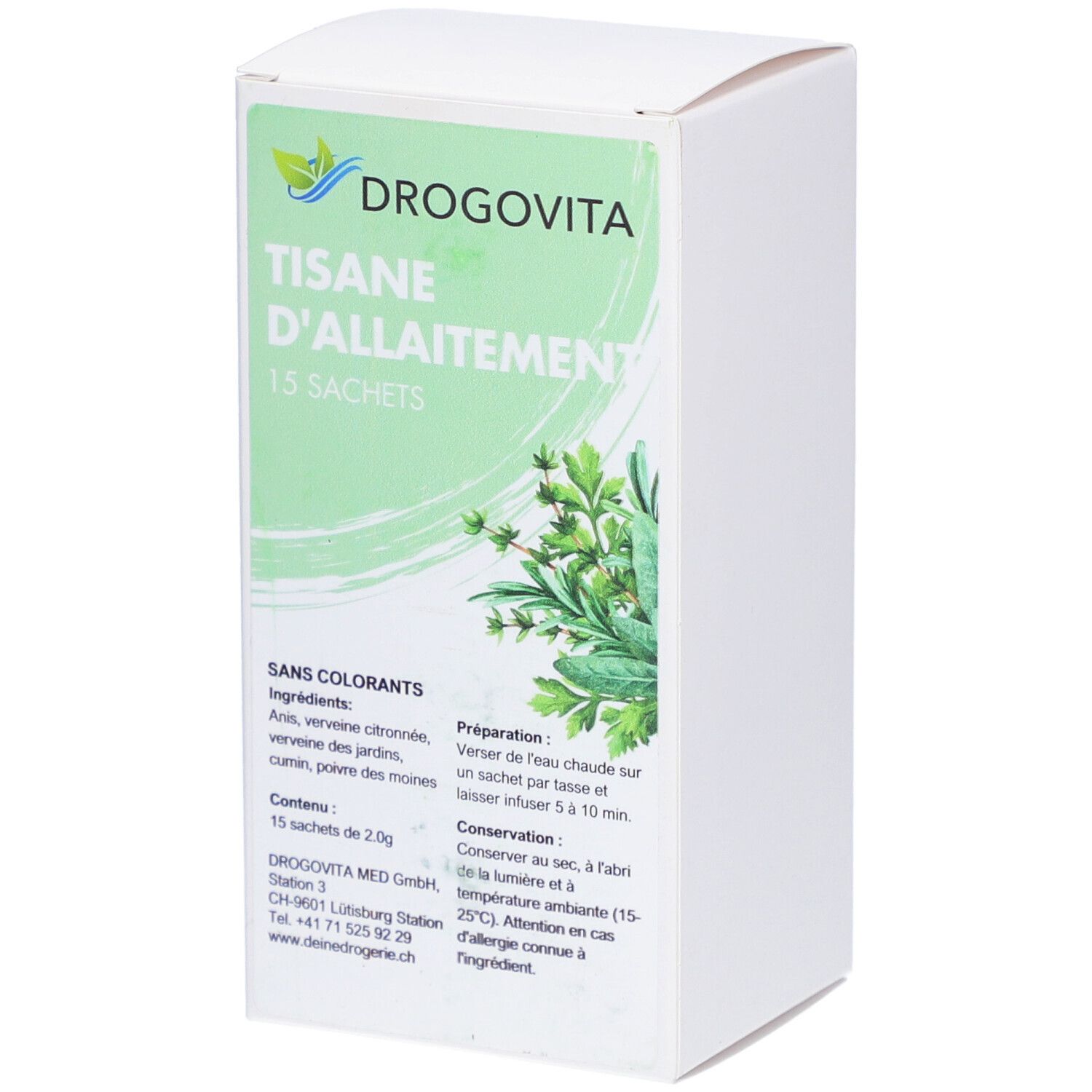 DROGOVITA-Verpackung. Aufschrift: Tisane d'Allaitement, 15 Sachets. Grün-weiße Schachtel mit Kräuterabbildung.